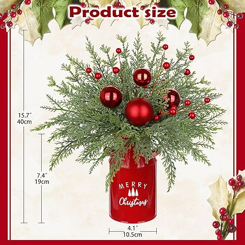 Miniatura 7 de Mini árbol de Navidad, árbol de Navidad artificial en maceta con manzanas, conos de pino, bayas, cinta, mesa, pequeños arreglos florales de Navidad