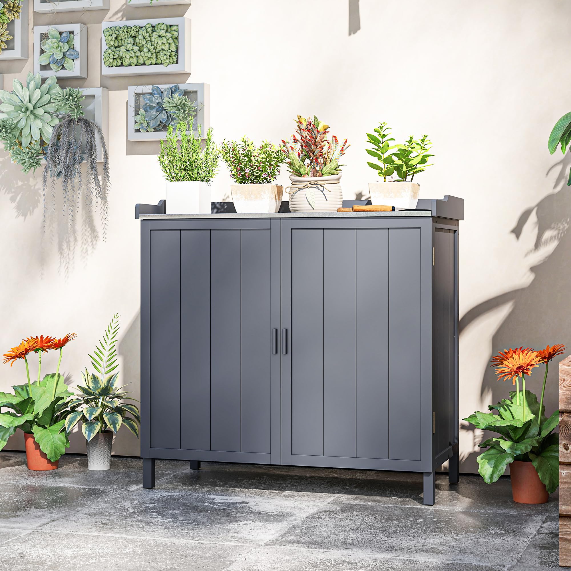 Outsunny Armadietto da Esterno in Legno di Abete con Piano da Lavoro in Metallo Zincato e 2 Ripiani Porta Attrezzi, 98x48x95.5 cm, Grigio