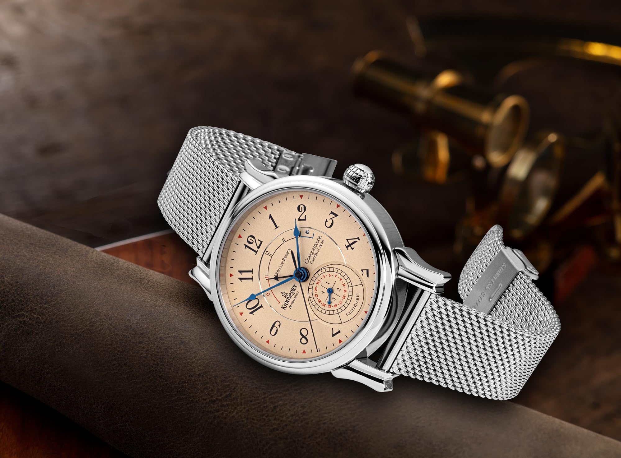 Kronsegler Conquistador Stahl - Tierra Milanaise | Automatik Herrenuhr mit Gangreserveanzeige | Saphirglas, Zeigerdatum, Milanaiseband