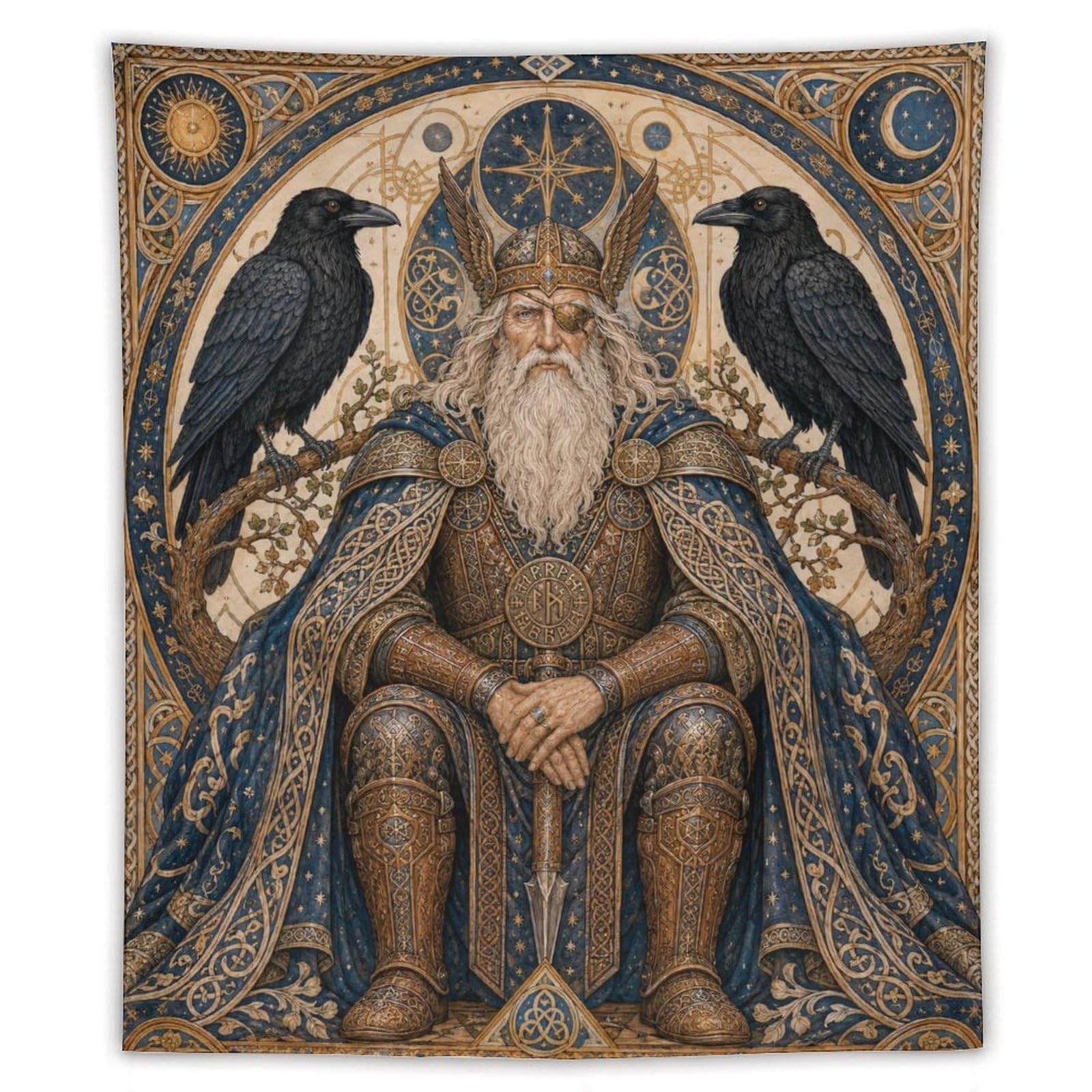 W7C8U2X3 Norse Odin with Ravens Wall Tapestry, Art Nouveau, Mythology