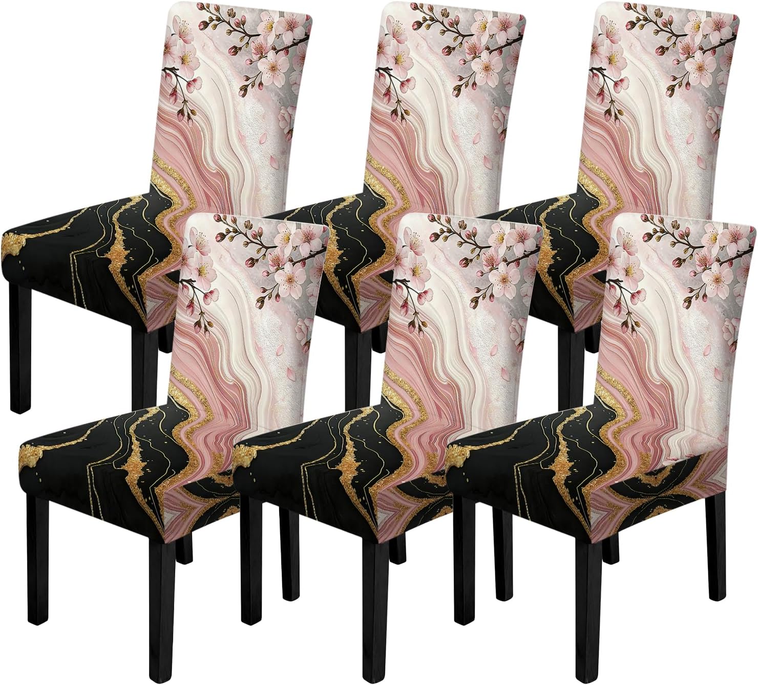 FOREVER QUEEN Luxury Black Gold Marble Chair Covers Set of 6, Abstract Modern Stretch Slipcovers -Washable Removable Dining Chair Protectors for Restaurants,Hotels,Weddings & Home Decor