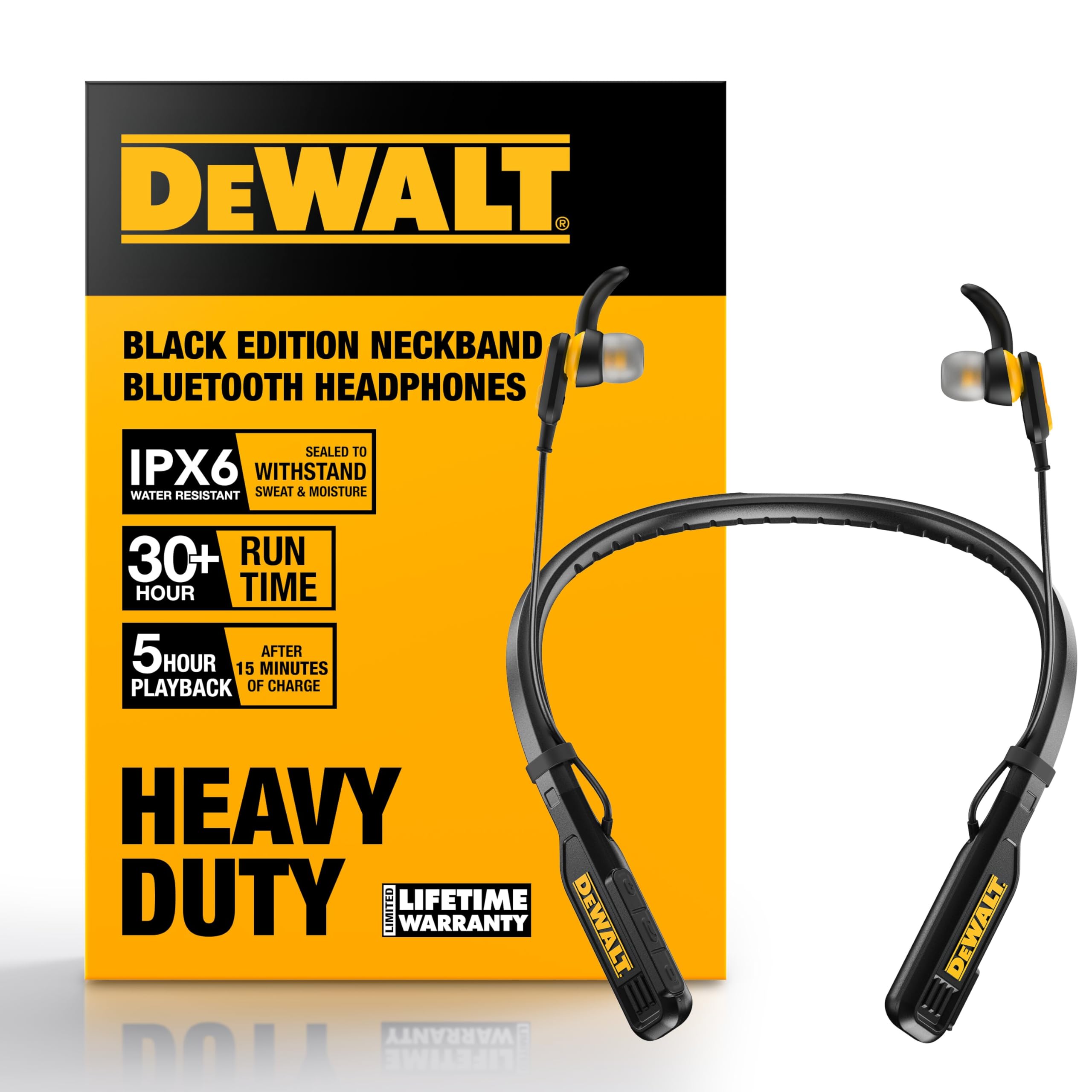 DEWALT Heavy Duty Magnetic Bluetooth Neckband Headphones, Auriculares Inalámbricos con Banda para el Cuello, 30H Autono…