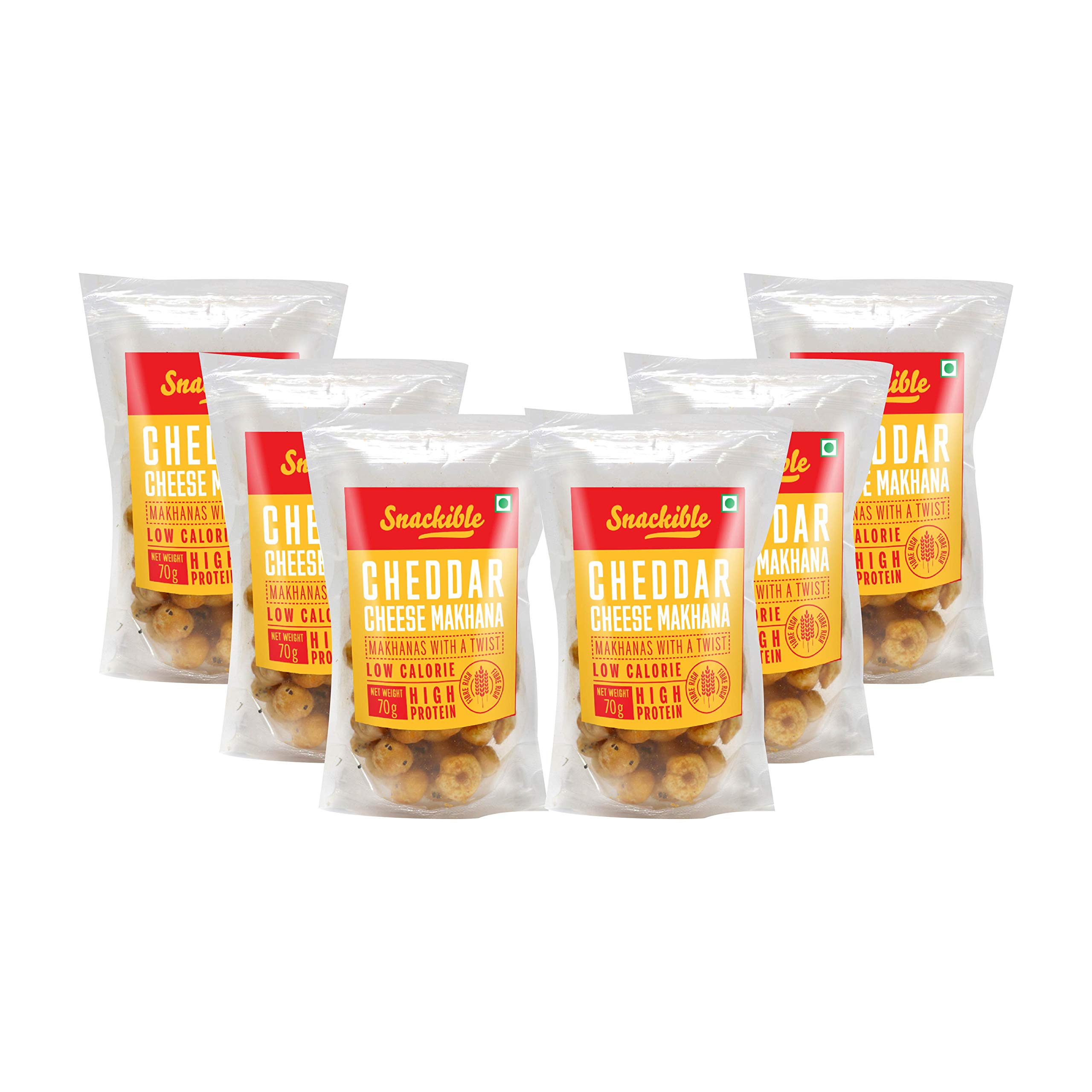 Snackible Cheddar Cheese Makhana (Pack of 6) - 6x70gm | Roasted | Rich in Calcium | High Fibre | Low Cholestrol