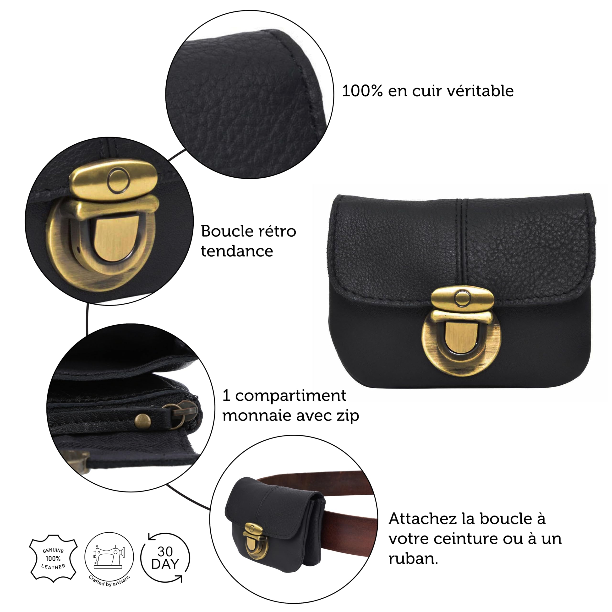 Gusti Pochette Eskil en Cuir pour Ceinture Porte-Monnaie Noir Cuir