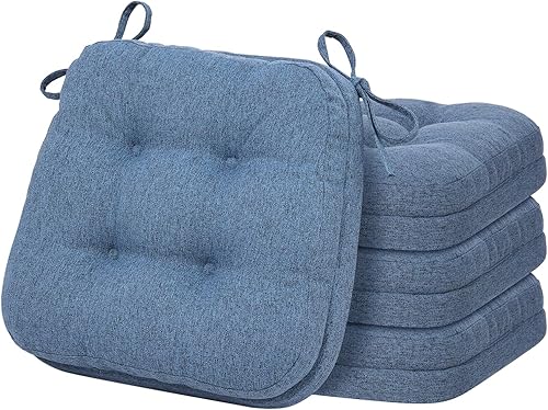 baibu Set of 4 Dining Chair Cushions, Dual-Layer Patent Design Memory Foam Kitchen Chair Cushions, Non-Slip Seat Pads with Ties, 16.5 x 16.5 x Blue