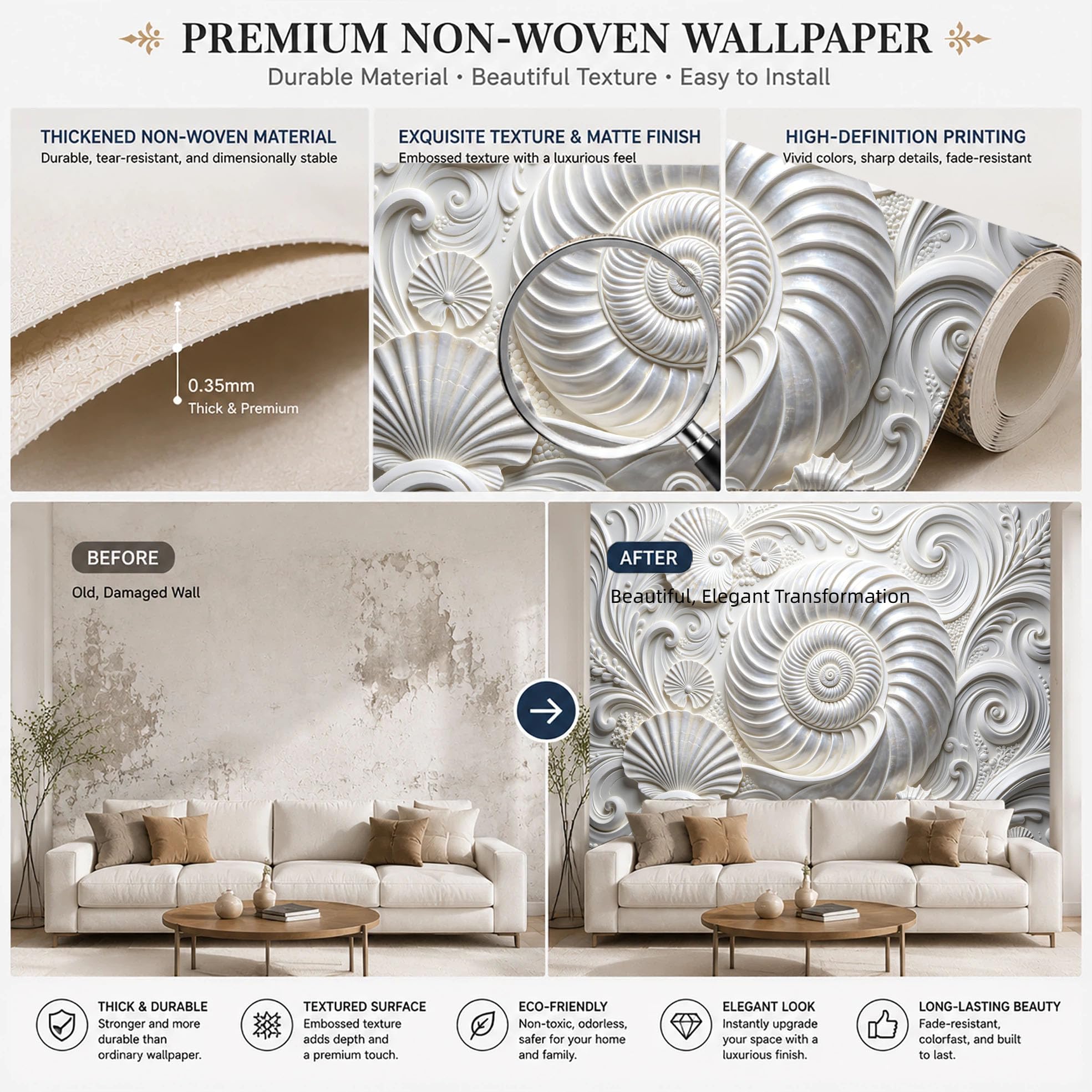 Murale Da Parete con Grande Scultura A Spirale Di Conchiglia Di Nautilus Effetto 3D 300×210 cm (Lxa) Carta Da Parati Fotografica Premium In Tessuto Non Tessuto Decorazione Fai Da Te per La Casa Riv