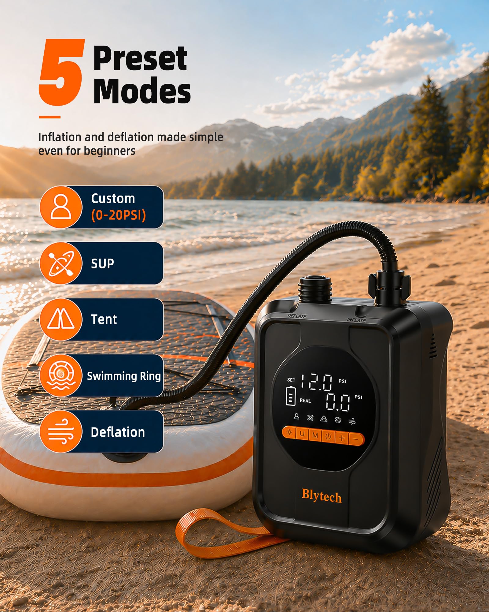 Gonfleur Paddle Electrique 20 PSI avec Batterie Rechargeable 13500 mAh,Pompe Electrique Paddle Portable,Gonflage et Dégonflage Rapides,7 Embouts pour Kayak,Tente,Bateau,Articles Gonflables