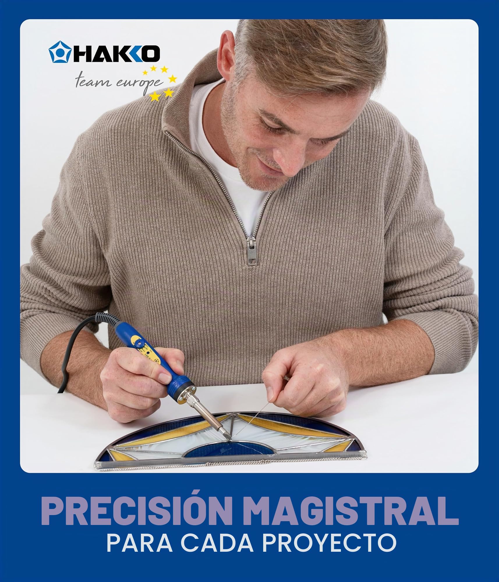 Hakko Soldador con cable azul (237 mm) - Control de temperatura ajustable 200-500 °C, soldador de precisión - Diseño ergonómico - Perfecto para soldadura Tiffany - Diseñado en Japón