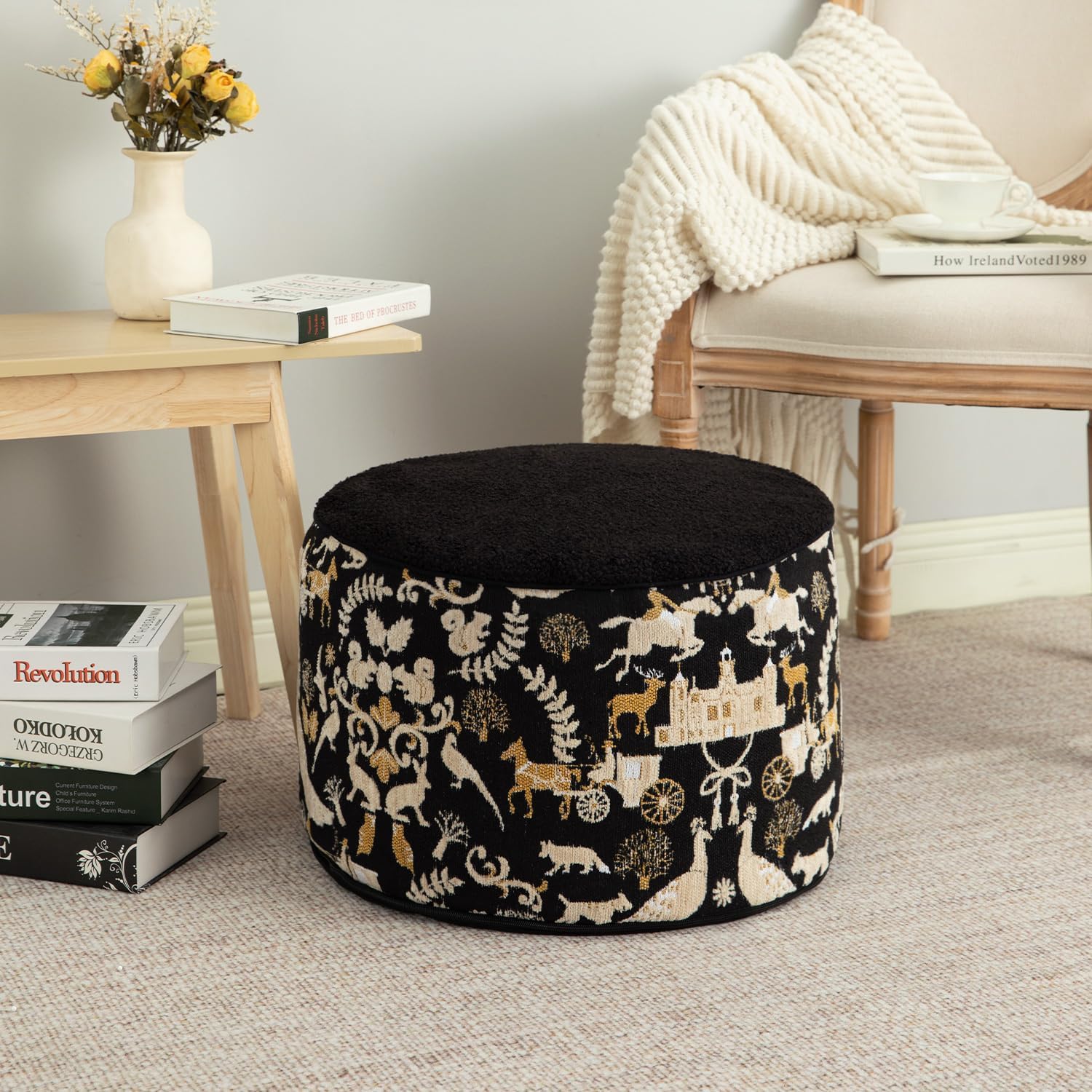 VOGOL Boho Tufted Unstuffed Pouf Cover, Casual Boucle Ottoman Floor Cushion for Living Room, Decorative Pouf Footstool Cover for Bedroom, 20" x 12" x 12", Black
