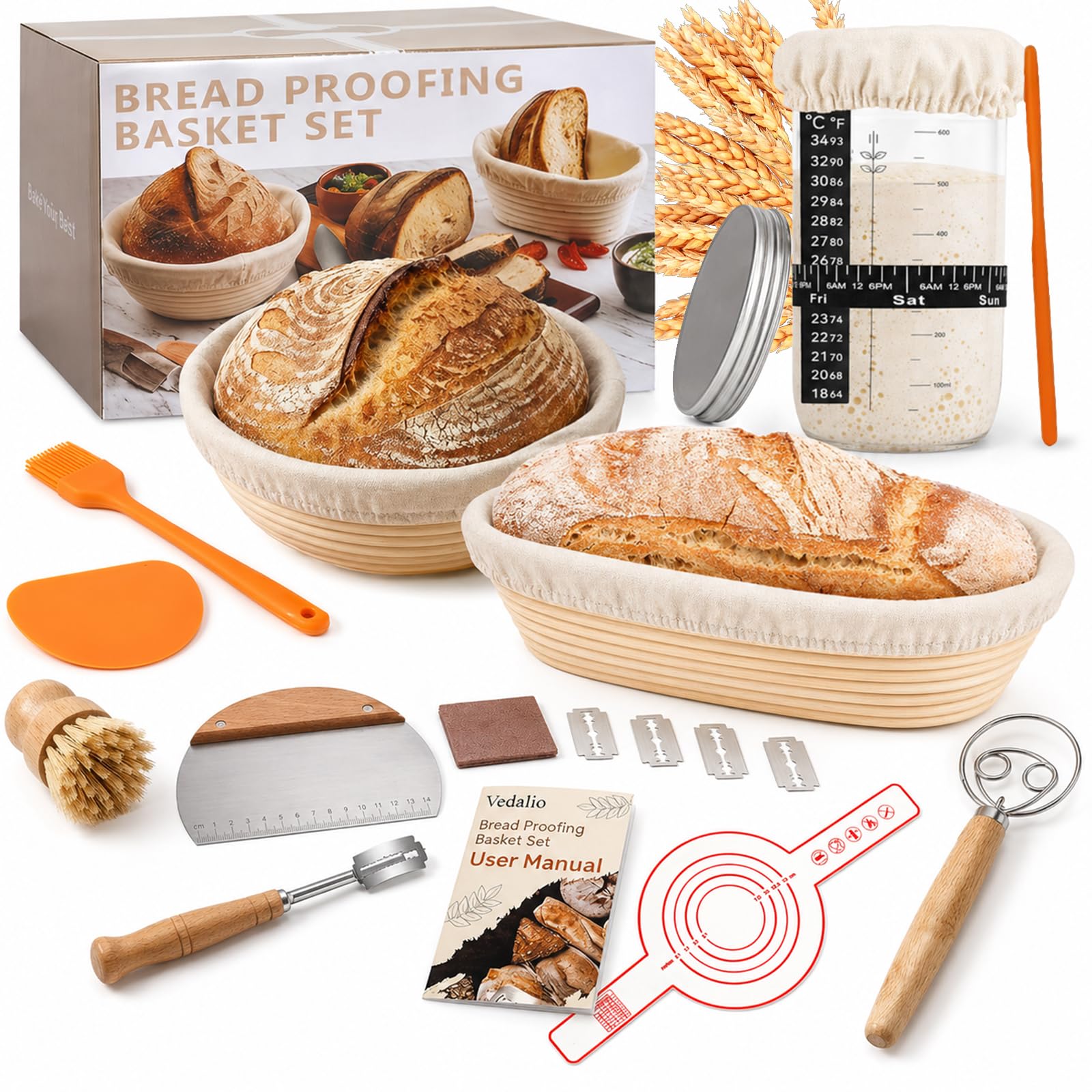 Banetones para Pan Kit, Cesta Fermentación Masa Madre con Banneton, Cuchillo para Pan, Mezcladora, 17 Piezas Kit Pan Casero para Principiantes, Sourdough Starter Kit Completo
