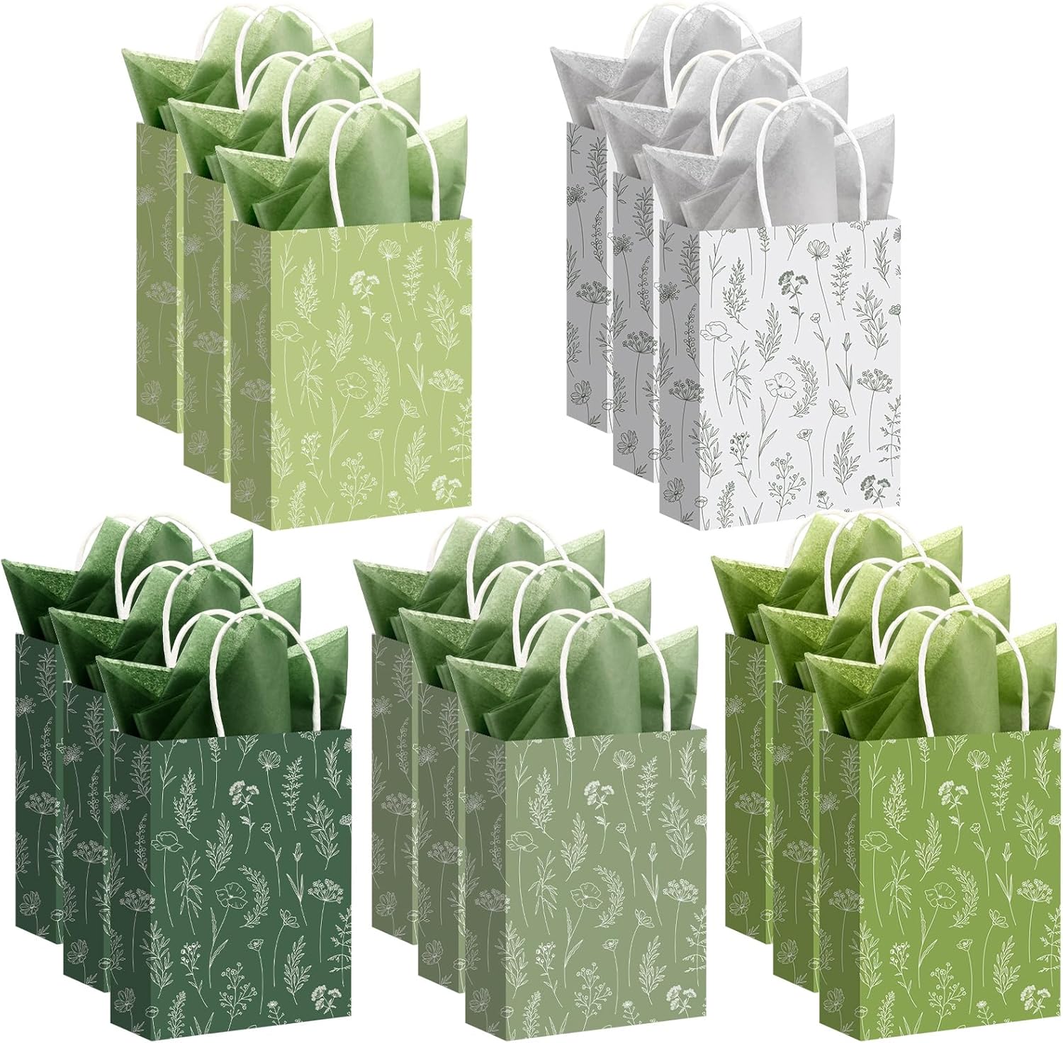 Kolldenn 50 Set Floral Gift Bags with Tissue Paper Thank You Gift Bags with Handle Wedding Bridal Showers Birthdays Baby Showers Party Supplies (Green, 8.27 x 5.91 x 3.15 Inch)