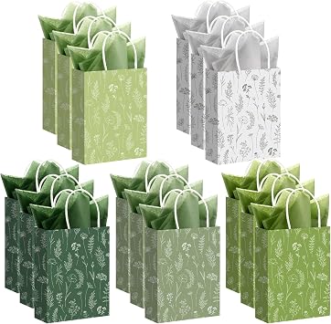 Kolldenn 100 Pcs Small Gift Bags Bulk with Tissue Paper Floral Thank You Gift Bags with Handle for Women Wedding Baby Showers Birthday Party Favor Green,8.27 x 5.91 x 3.15 Inch