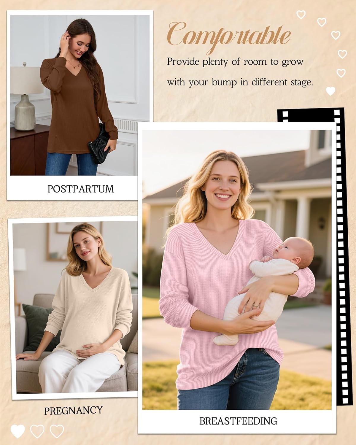 3 Pack Women's Oversized Nursing Tops Waffle Knit V Neck Breastfeeding Long Sleeve Shirts Hidden Zipper Sweatshirt - Image 2