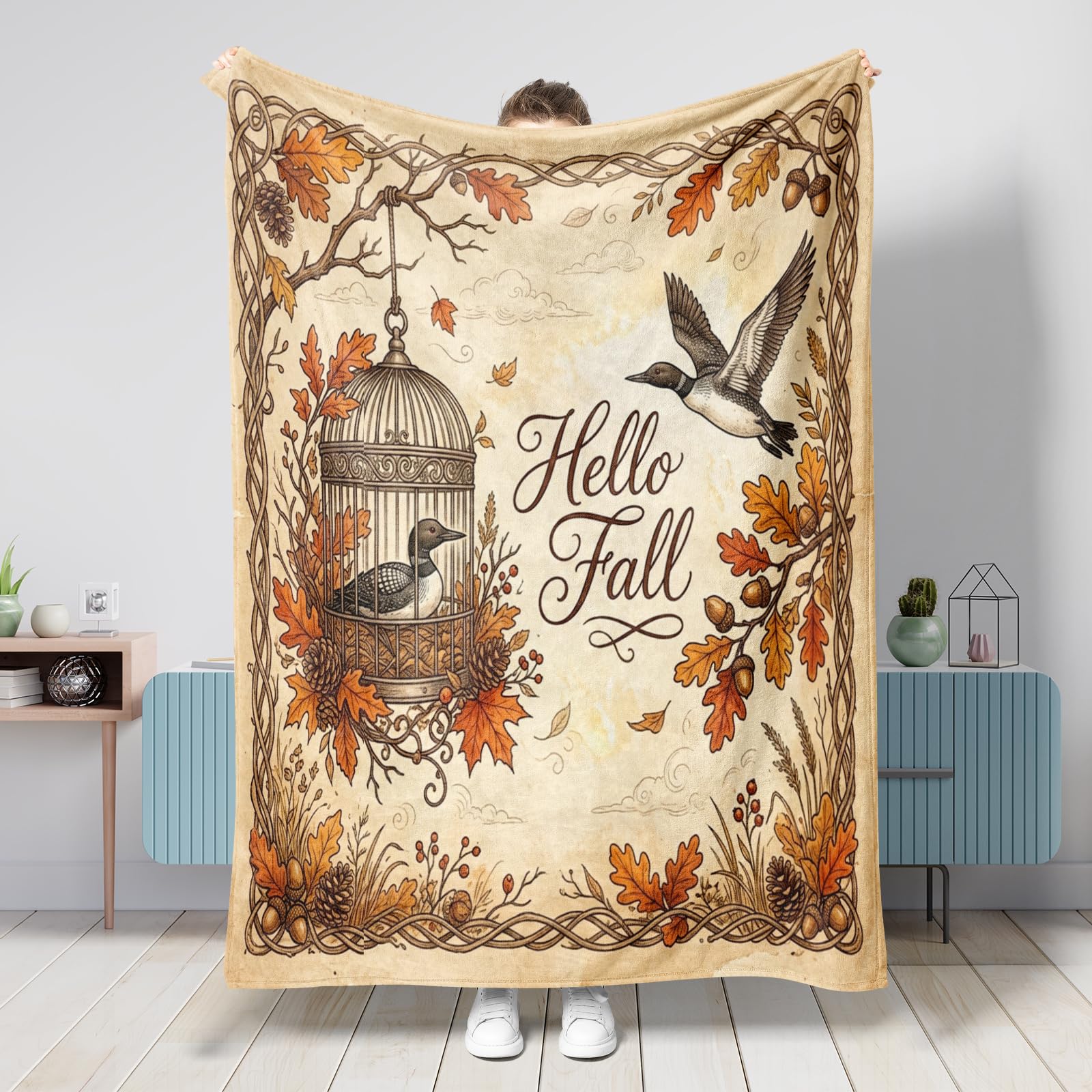 Couverture flanelle chaude pour camping et voyage au design Loon d'automne