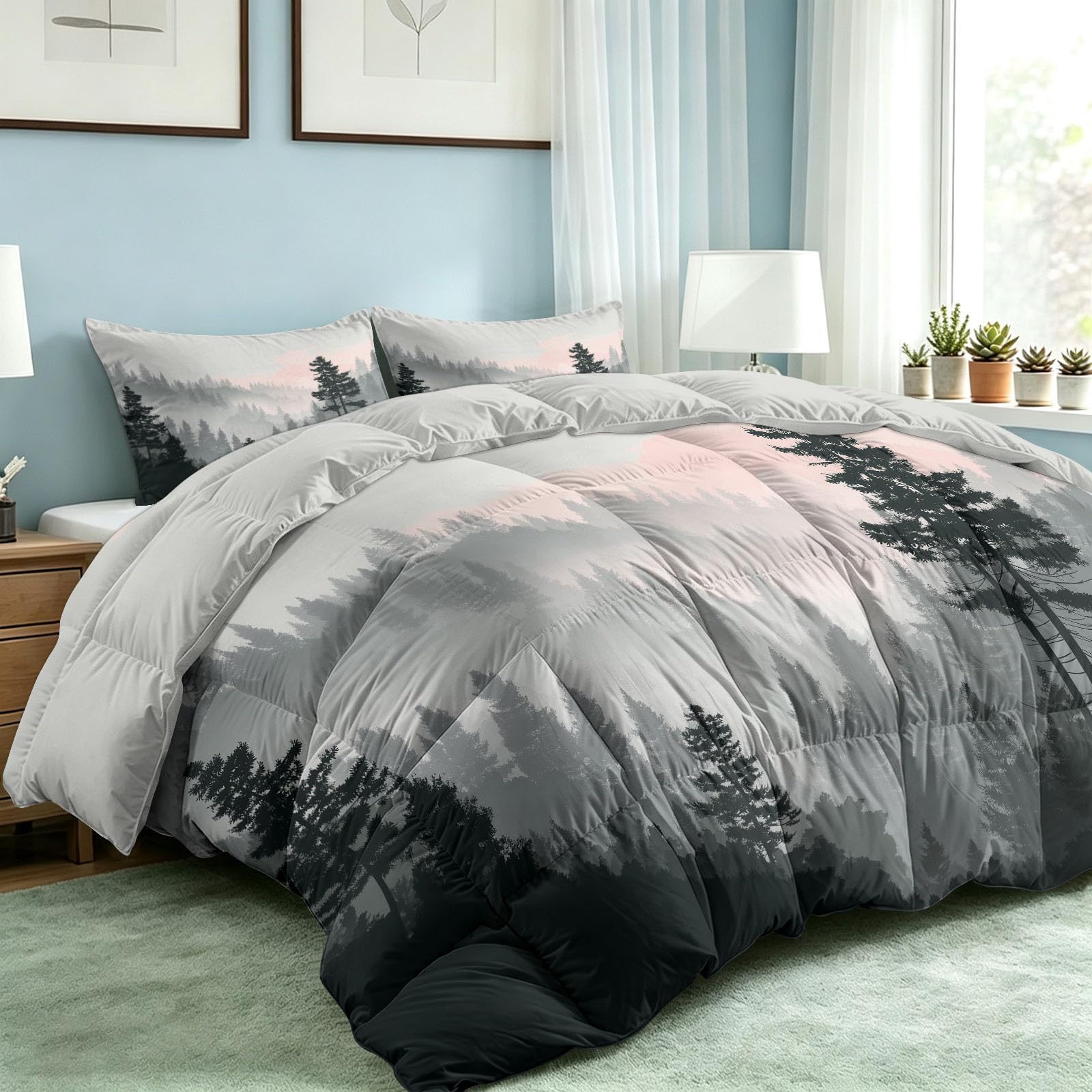 Generisch Piumino misterioso ad acquerello, senza rivestimento, 135 x 200 cm, foresta, nebbia e montagne, ipoallergenico, per tutto l'anno, con 2 federe da 80 x 80 cm, trapunta reversibile, lavabile