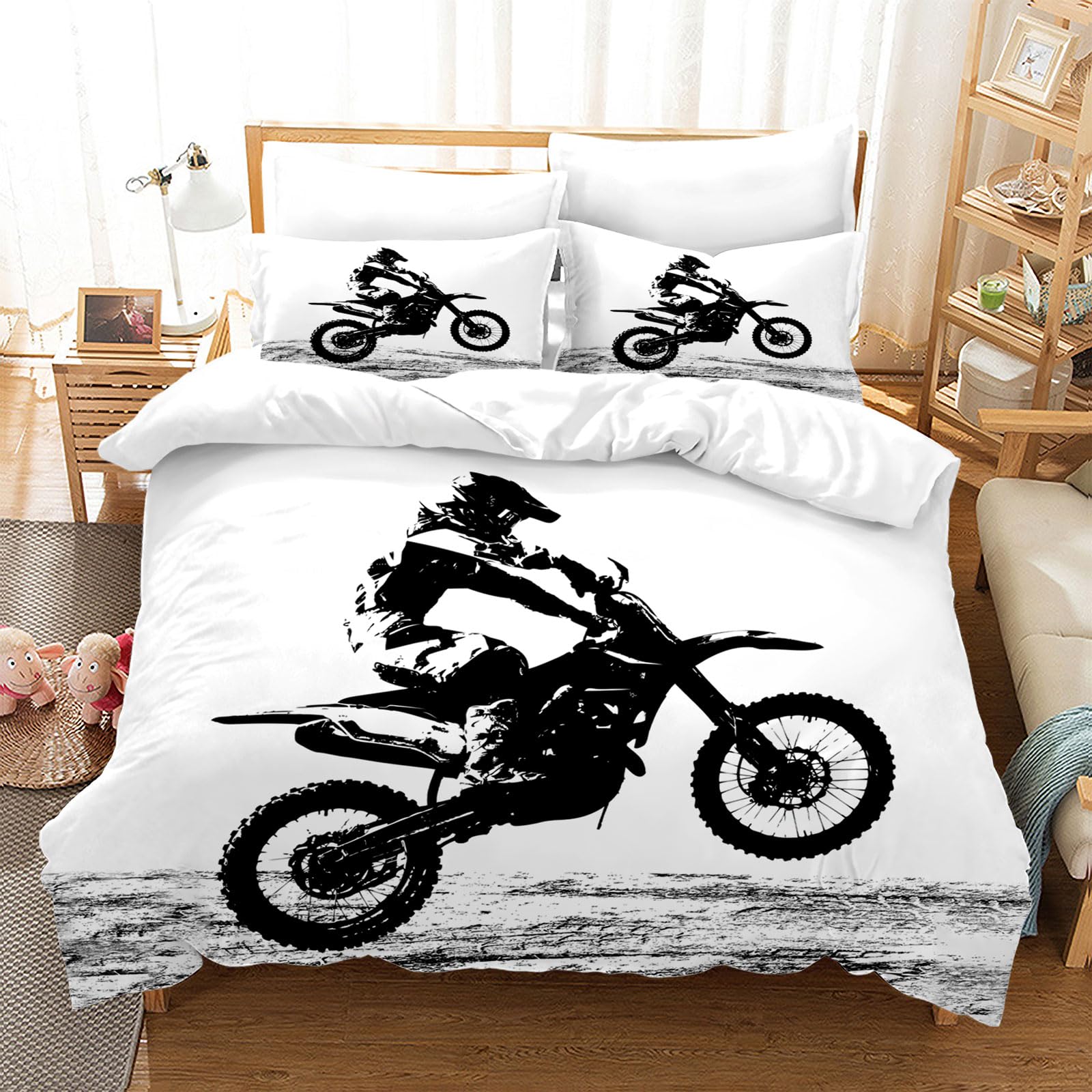 Copripiumino Moto 135 x 200 cm,3D Set di Biancheria da Letto a Tema Moto,con 2 federe da 50 x 75 cm, per adulti e bambini (Motocross-b, 135 x 200 cm)