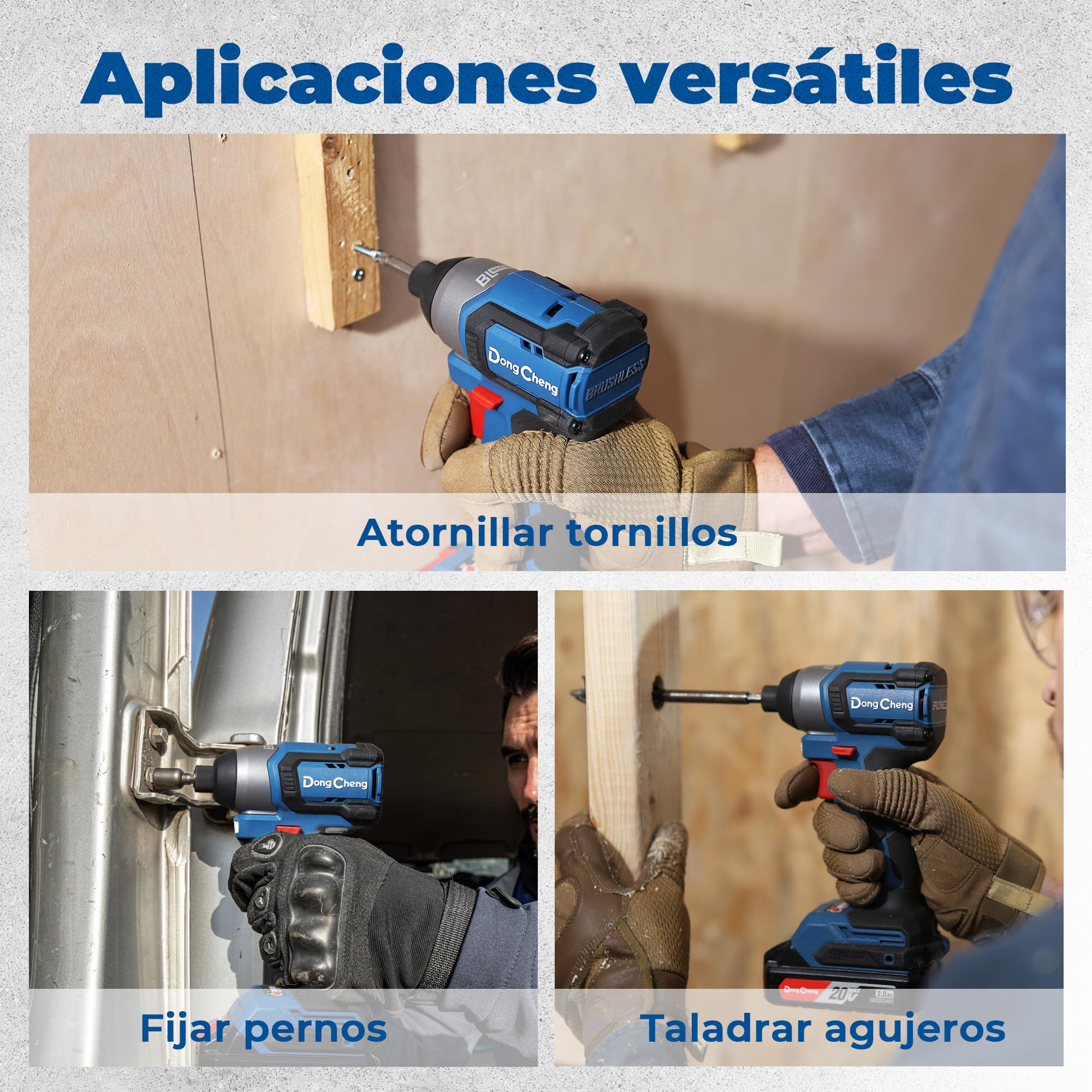 Dong Cheng Atornillador de impacto 20V sin escobillas 165Nm, 2 baterías | Para trabajos de atornillado pesados, Arranque suave, Autoperforante, Hex 6,35mm, 3+1 velocidades
