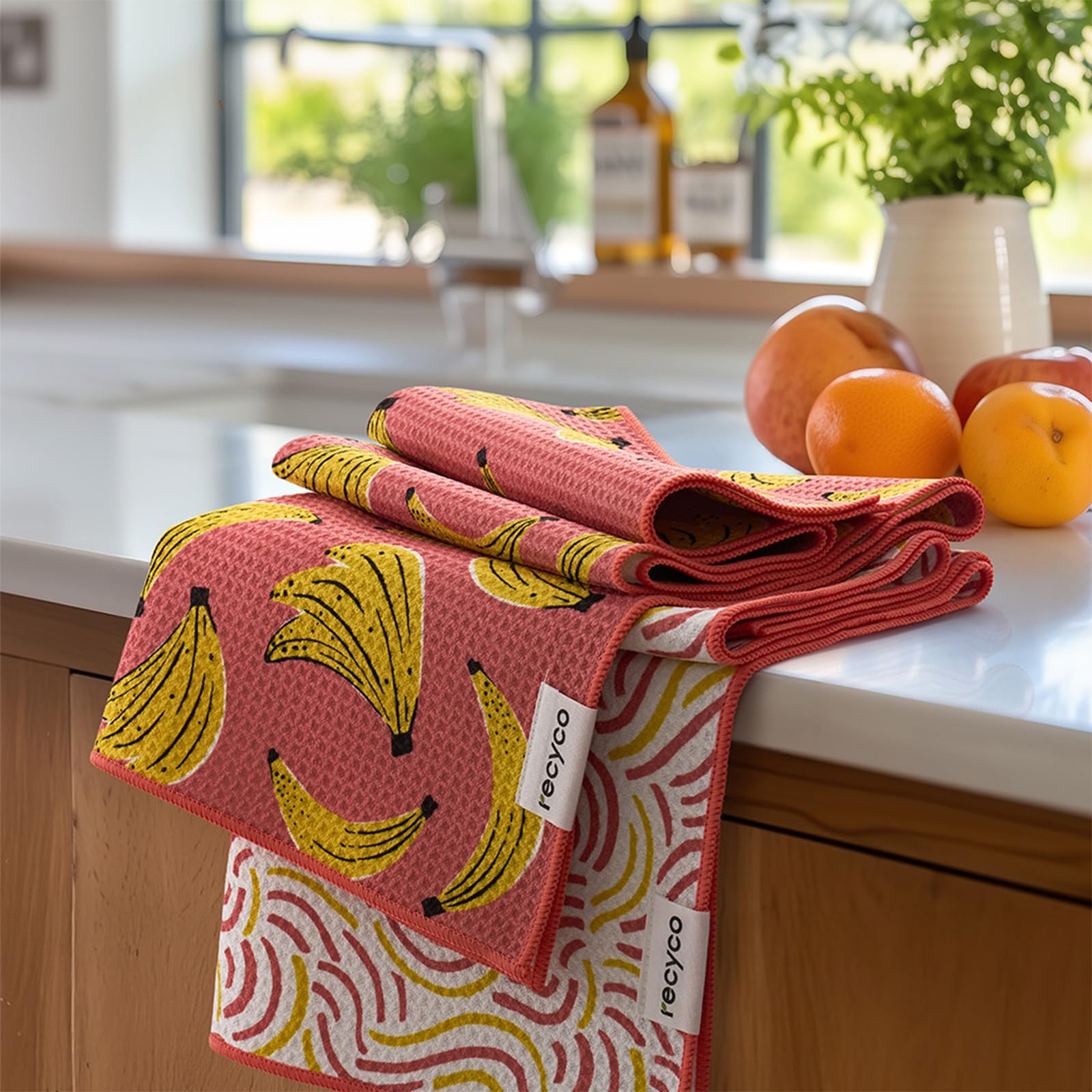 RECYCO Waffle Kitchen Towel Set of 2 - Quick Dry Microfiber Sustainable Dish Towels - Ultra Absorbent Reusable Cleaning Tea Towels - Lightweight Hand Towels,16”x 28”, Banana Joy