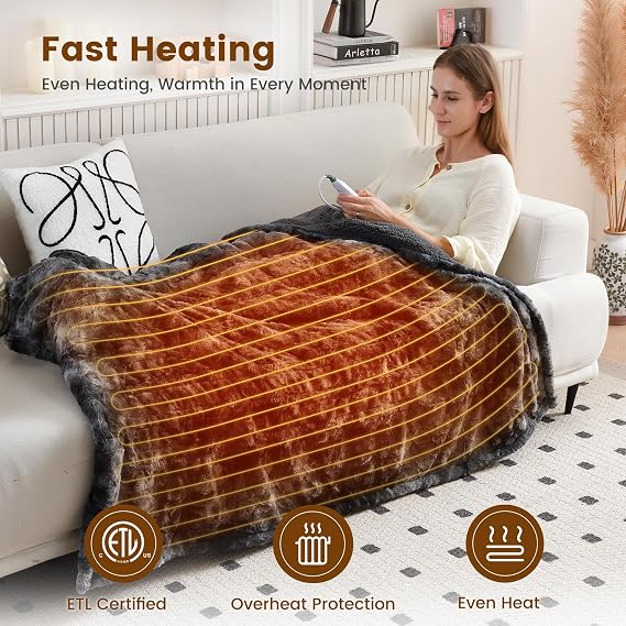 Bearhug Heated Throw Blanket 50 x 60 Electric Throw Warming Blanket Reversible Faux Fur & Sherpa, 6 Heating Levels & 4H Auto Off, Over-Heat Protect, ETL, Washable Heated Blanket Marble Black