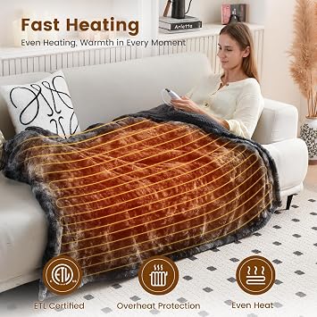 Bearhug Heated Throw Blanket 50 x 60 Electric Throw Warming Blanket Reversible Faux Fur & Sherpa, 6 Heating Levels & 4H Auto Off, Over-Heat Protect, ETL, Washable Heated Blanket Marble Black