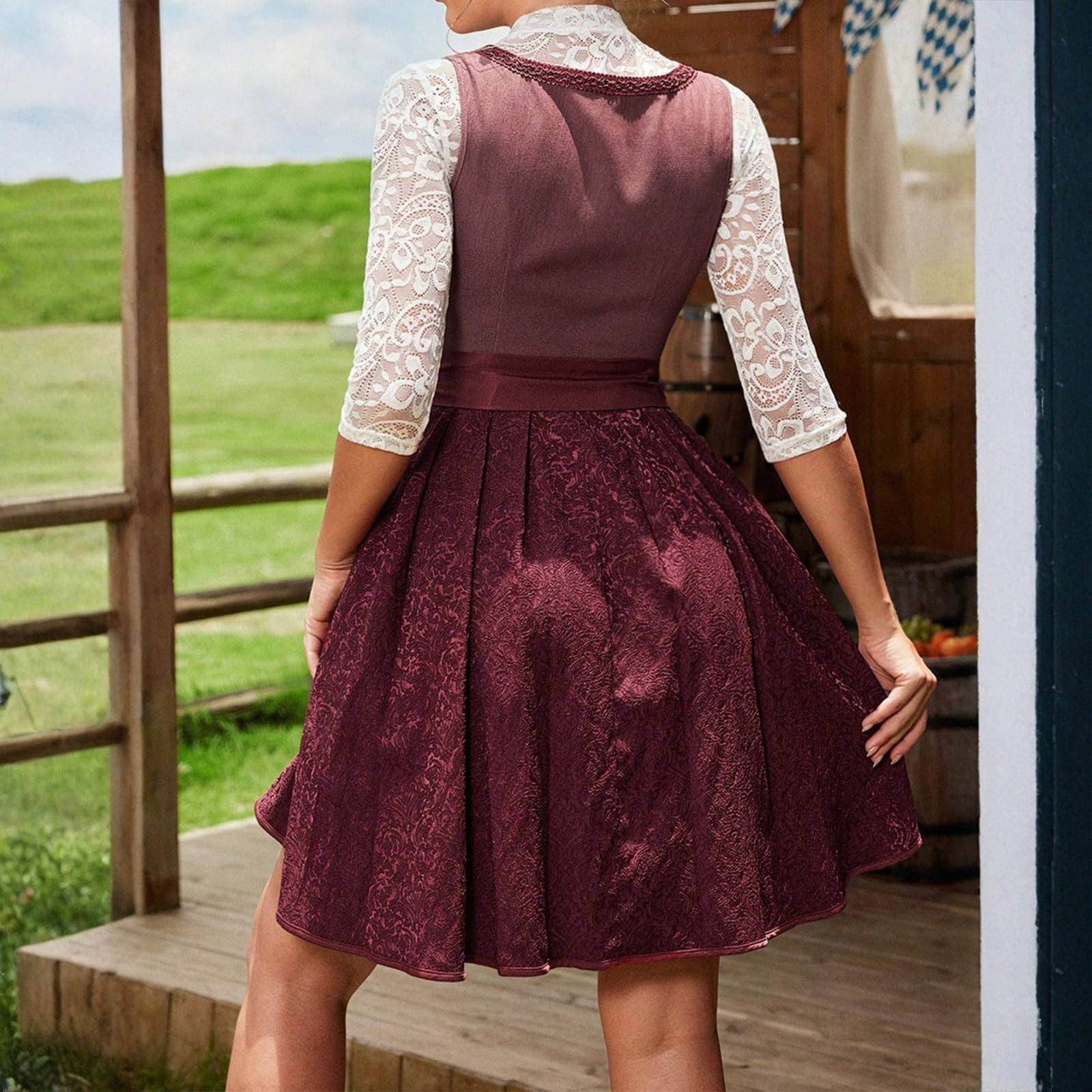 Generisch Dirndl Damen Kurz Dirndl-Komplettsets Oktoberfest Damen Outfit | Trachtenkleid Frauen Spitze Samt Dirndlkleid Set 3 Teilig Kleider Inkl. Dirndlbluse Dirndlschürze Trachtenrock Trachtenmode