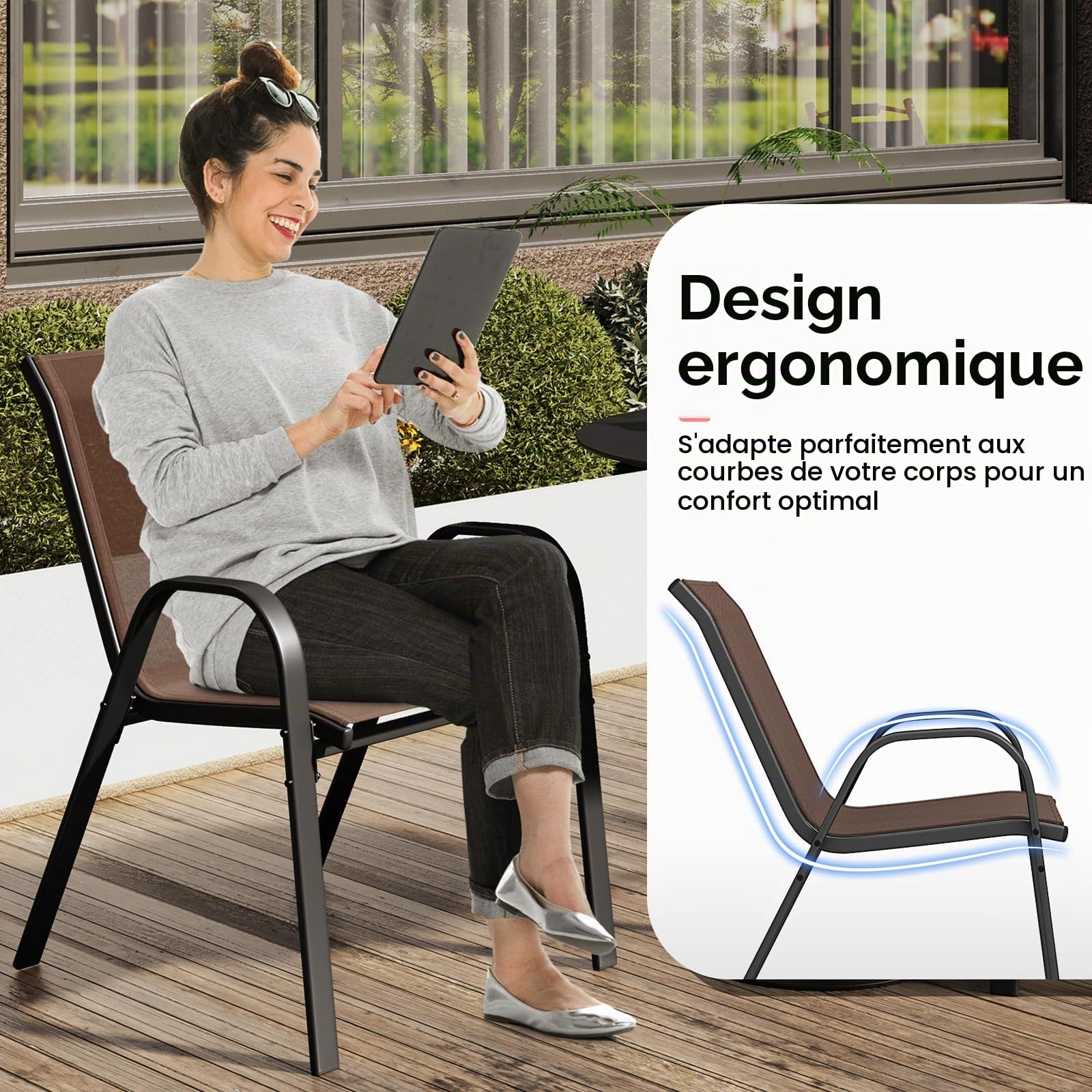 GIANTEX Lot de 4 Chaises de Jardin Extérieures, Chaise de Salle à Manger Empilables Cadre en Acier avec Mains Courantes, Fauteuil d'Extérieur avec Dossier et Siège Ergonomiques (Marron)
