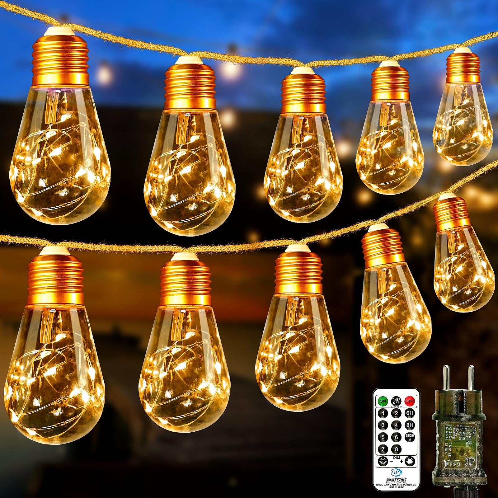 btfarm 2 Stück LED Lichterkette Außen mit Fernbedienung, 9M Vintage Lichterkette Strom Outdoor mit 16 Glühbirnen 8 Modi Timer Lichterketten Aussen für Balkon Garten Party Zimmer Innen Deko (Warmweiß)