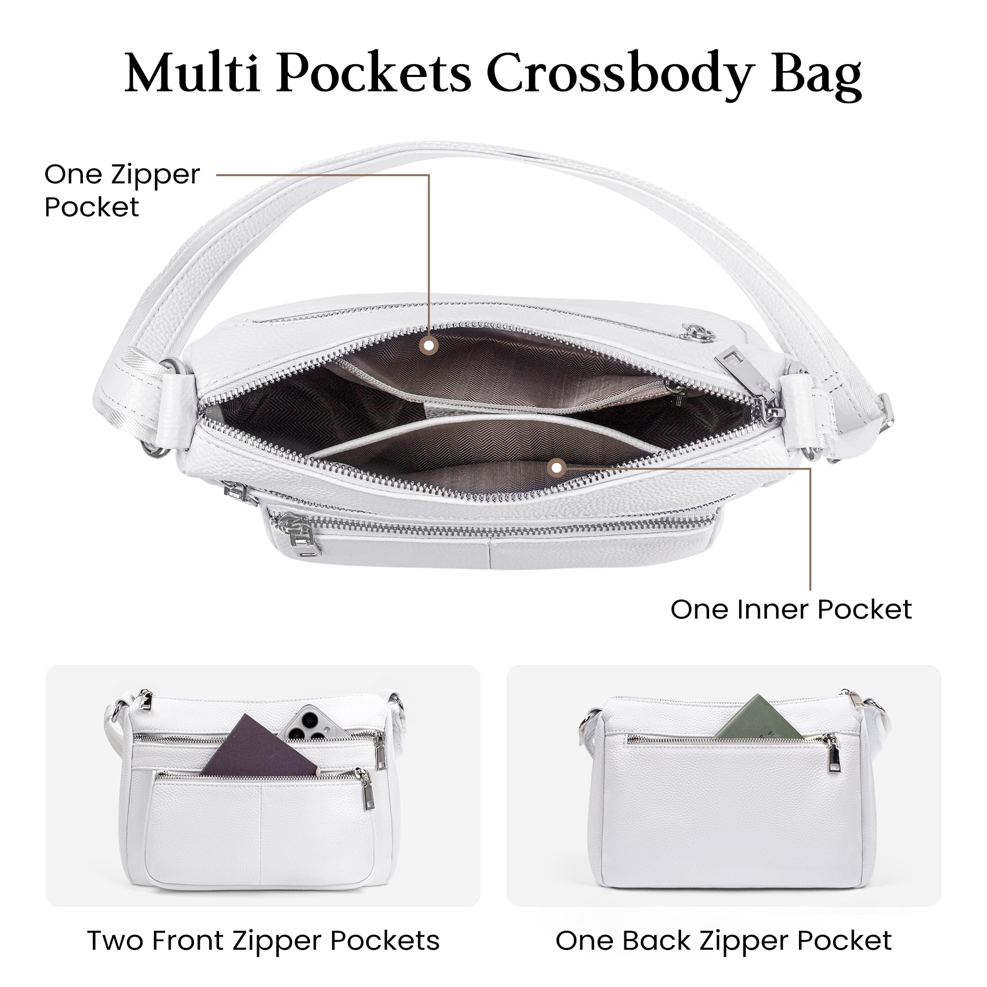 befen White Genuine Leather Crossbody Bags for Women, Woman Medium Cross Body Shoulder Purses Handbags with Multi Zipper Pockets