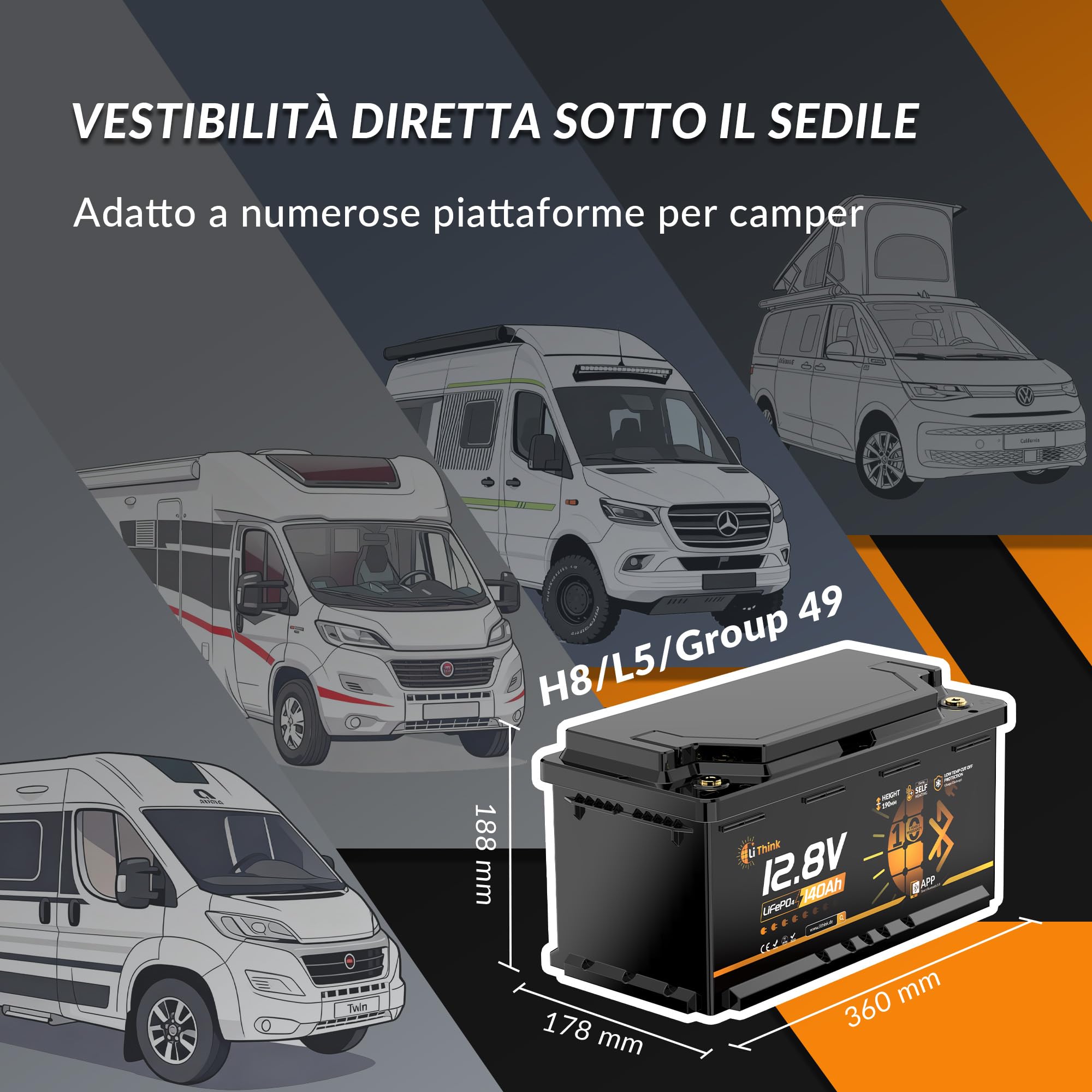 Batteria Litio 12V 140Ah, H190 Batteria Lifepo4 con Bluetooth, BMS 200A, LTP e Funzione di Riscaldamento, DIN H8 L5, Batteria litio da 1792Wh per Auto, Camper, Roulotte, CB/IEC 62619 ECE R10