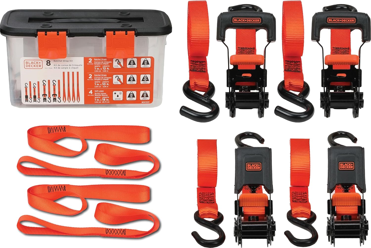 Black+Decker BDX1021 8-Piece Ratchet Strap and Soft Loop Kit with Hard-Sided Storage Case