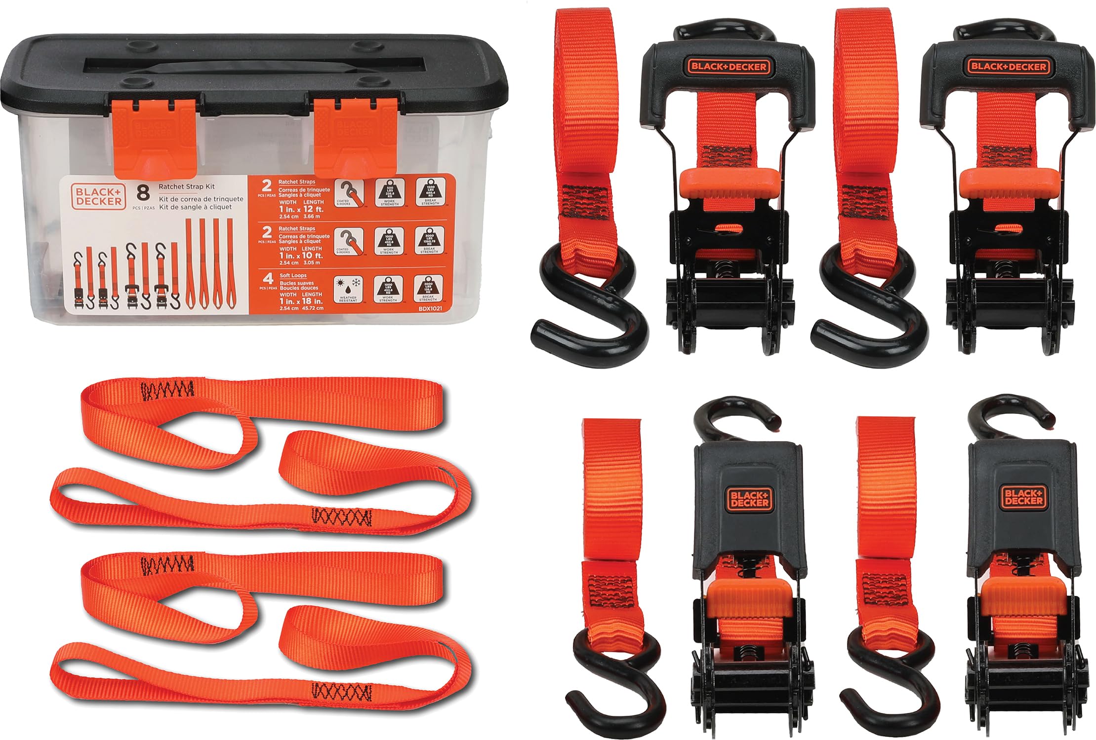 Black+Decker Kit de 8 Sangles à cliquet et Boucle Souple