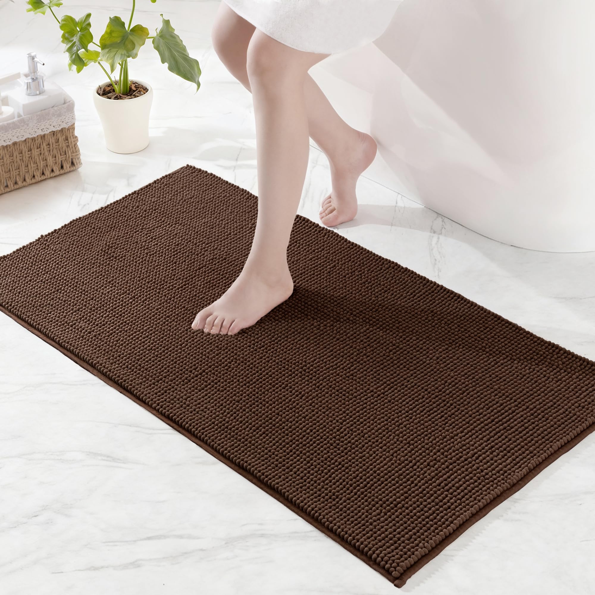 Exclusivo Mezcla Chenille Bath Mat 60 x 120 cm, Extra Soft Non-Slip Absorbent Bathroom Mat, Machine Washable Quick Dry Bath Rugs for Bathroom Floor, Shower, Home Decor, Coffee