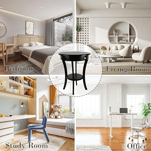 Miniatura 7 de Mesa auxiliar redonda, pequeña mesa auxiliar redonda negra, mesas auxiliares redondas para sala de estar, mesa decorativa con cajón y estante de