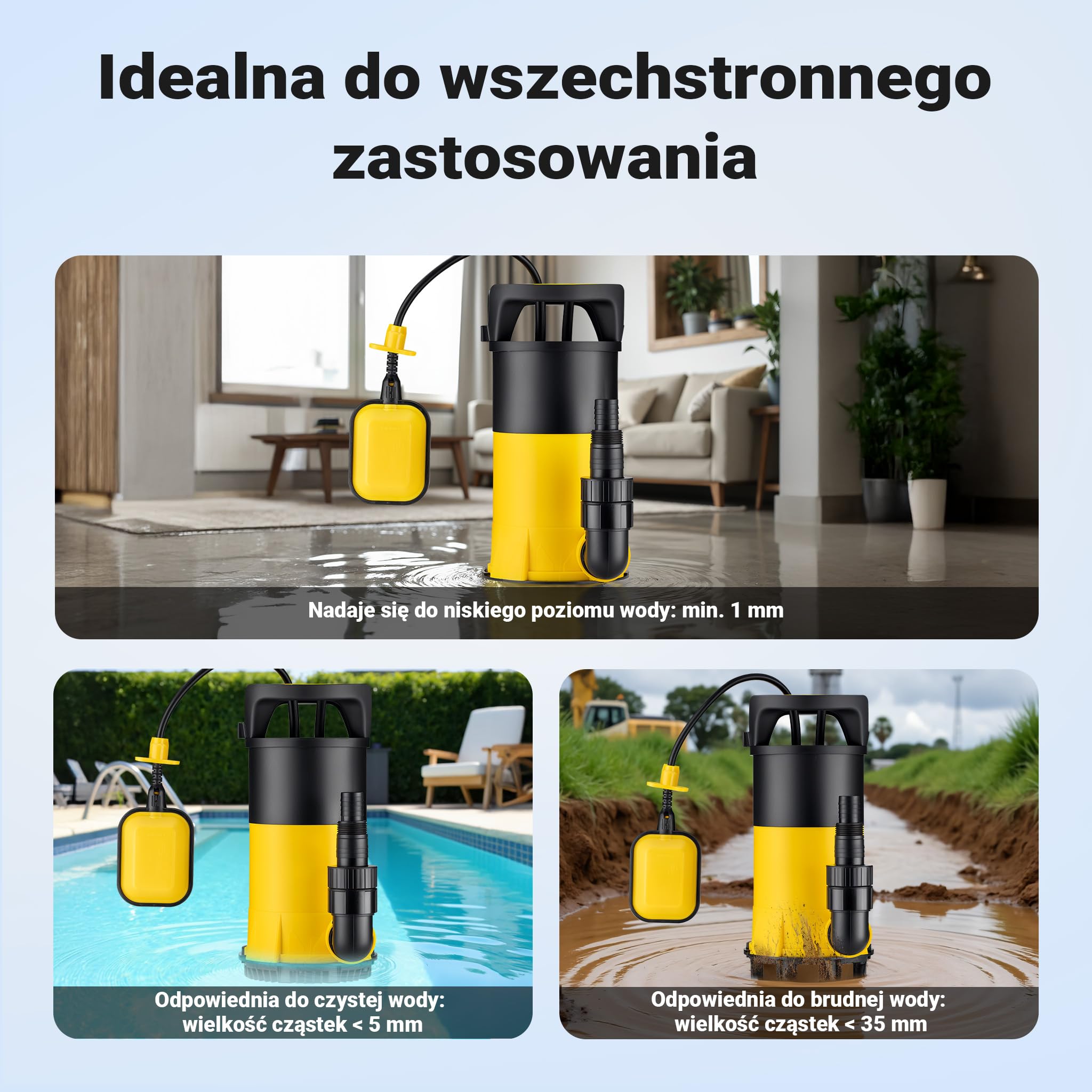 Wiltec Pompa zanurzeniowa 3-w-1 do wody czystej i brudnej, z PPO, 750 W z przepływem 14000 l/h, z dwoma podstawkami na różne wymagania