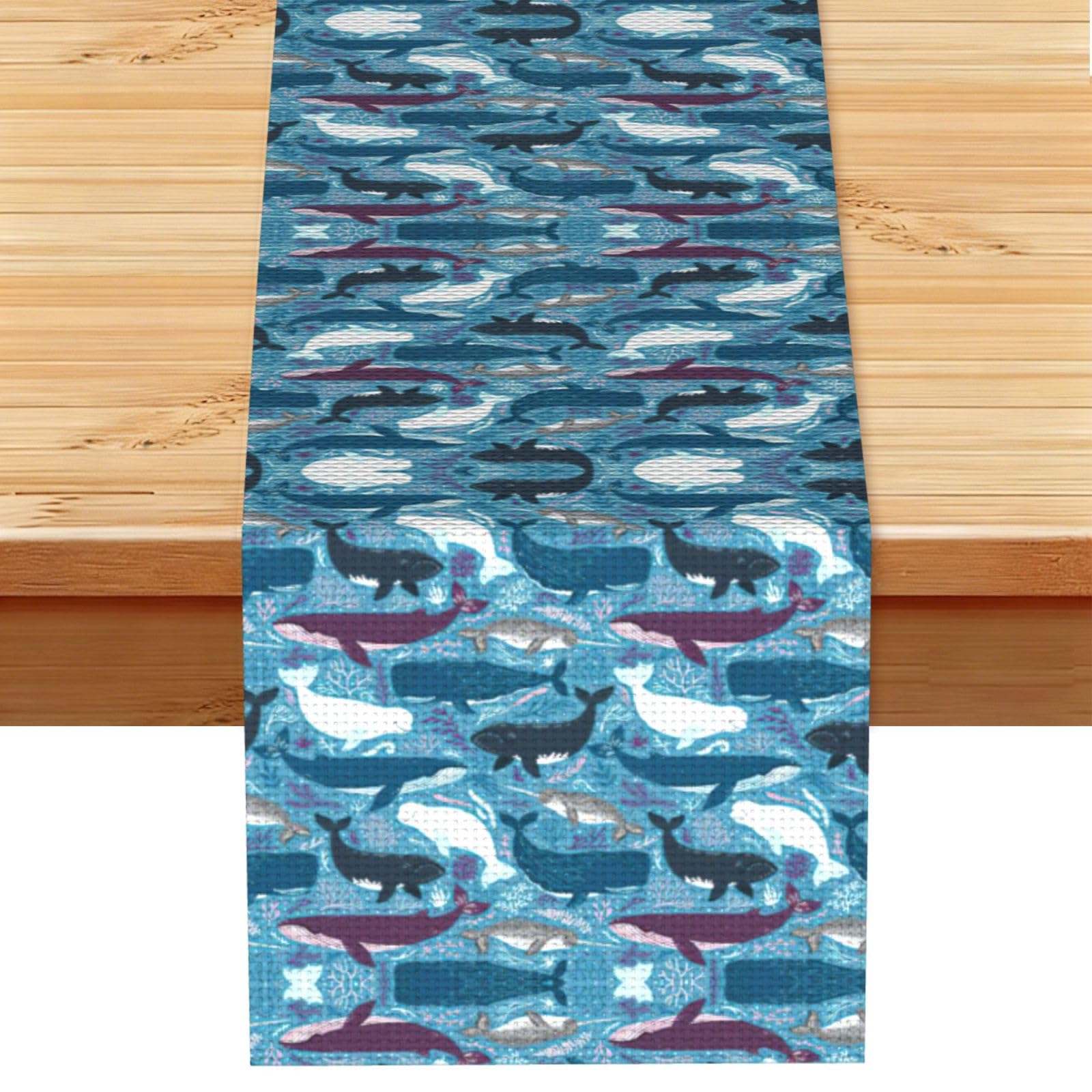 Whale Pattern Printed Dining Table Runner 13x72 Inch, Non-Fading Decor for Kitchen Dresser Fireplace Mantel