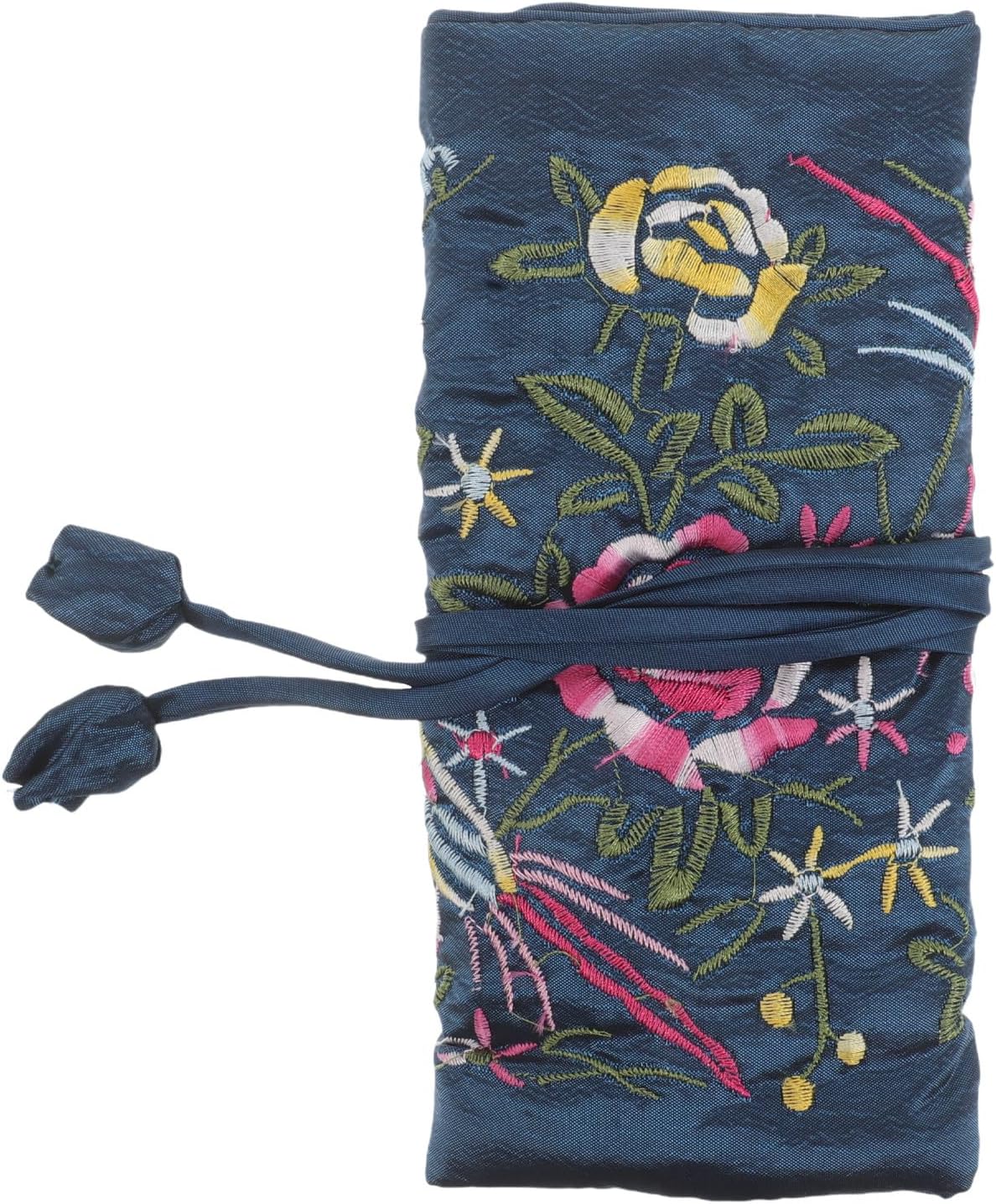 TIDTALEO Portable Jewelry Roll Case Large Embroidered Peacock Blue Travel Jewelry Organizer Pouch for Necklaces Bracelets Earrings with Tie Closure