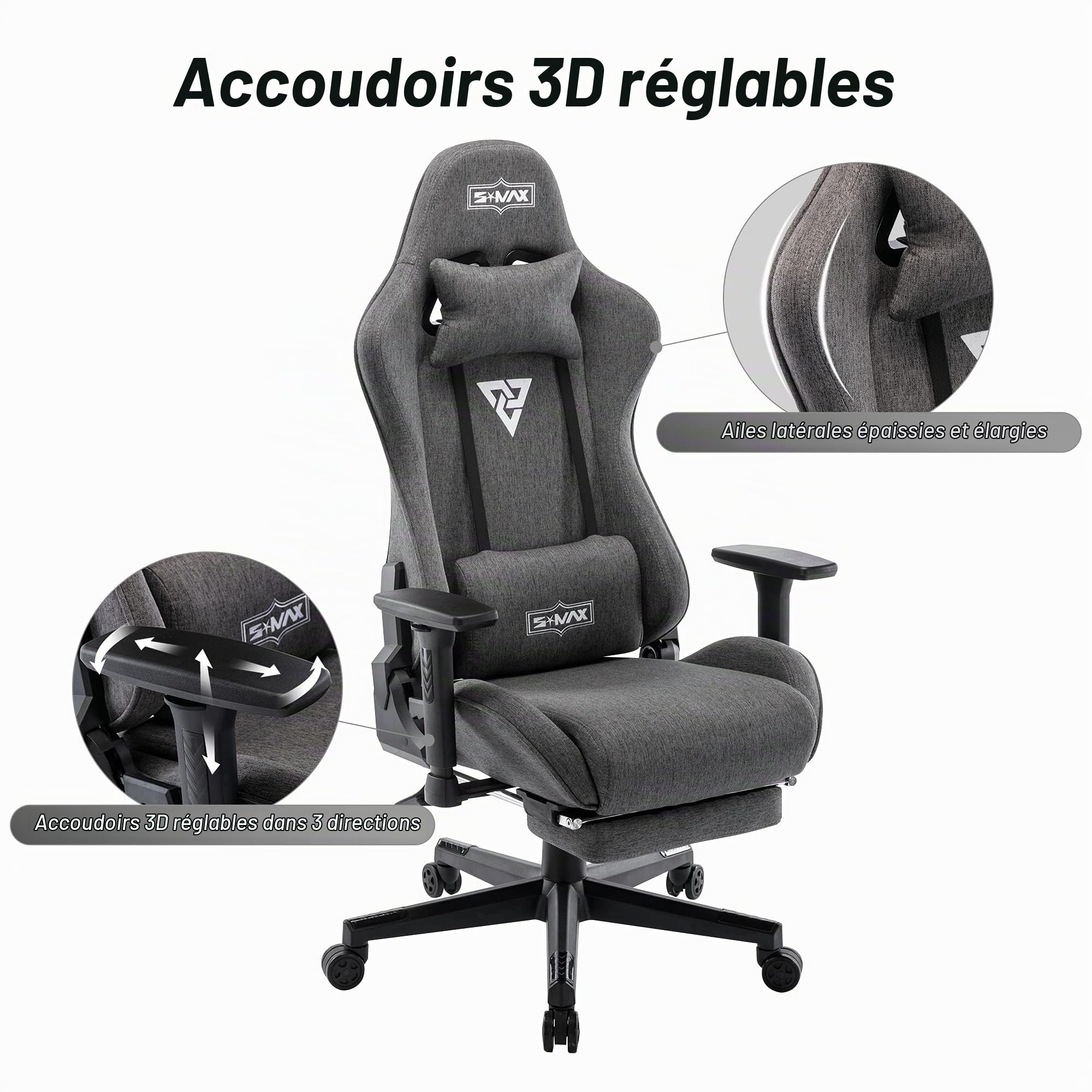 S*MAX Chaise Gaming avec Repose Pieds Siège épais Chaise Gamer Ergonomique avec Accoudoir 3D Appui-tête en Tissu et Support Lombaire Siege Gaming Gris