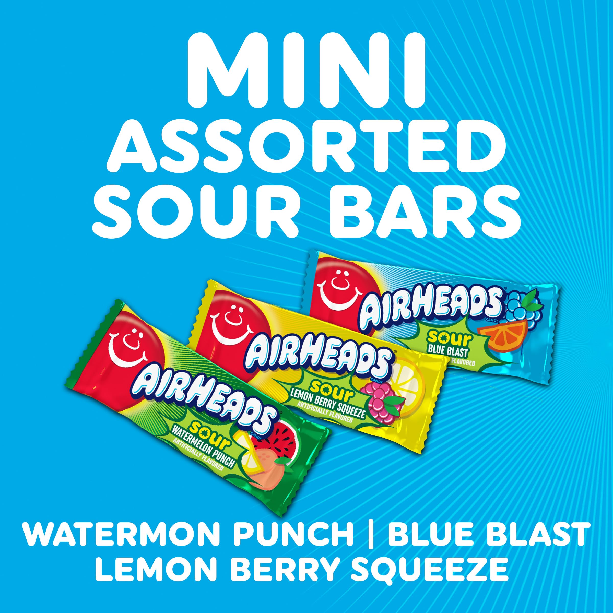 Airheads Mini SOURS - Barras de caramelo, ponche de sandía agria, explosión azul y baya de limón exprimible, bolsa variada de 12 onzas