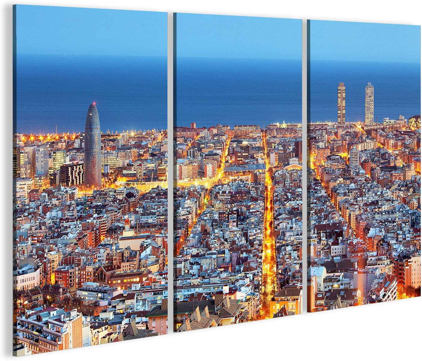 islandburner Canvas Wall Art Skyline of Barcelona, aerial view at night, Spain Picture Poster Large XXL Photo Print