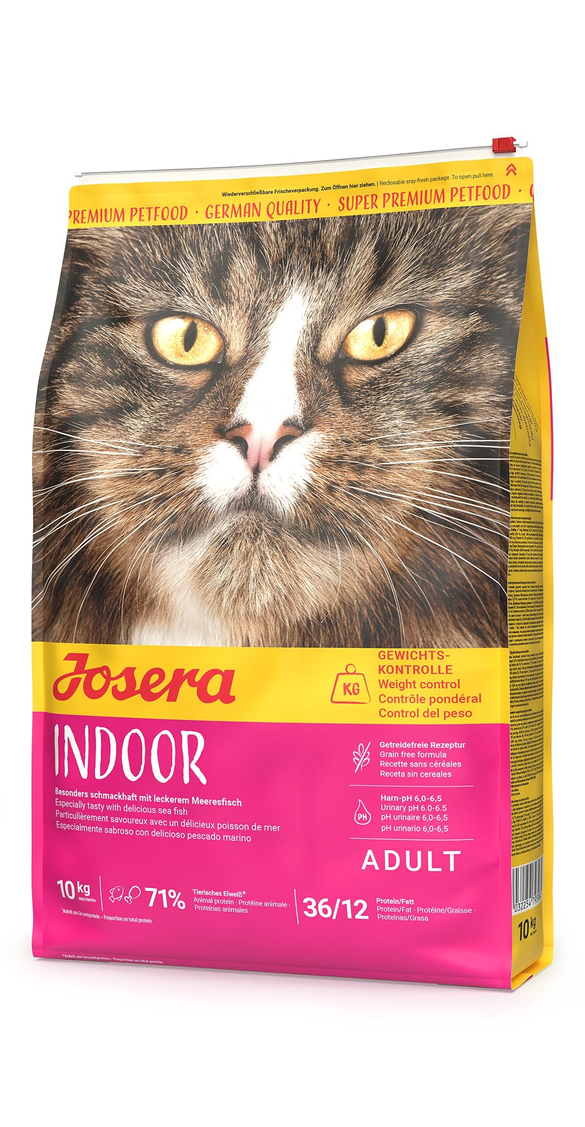 Josera Indoor complete cat food | For sterilised or indoor adult cats | Grain-free | Lower calorie | Weight Management | Omega 3 | Urinary pH | 10kg
