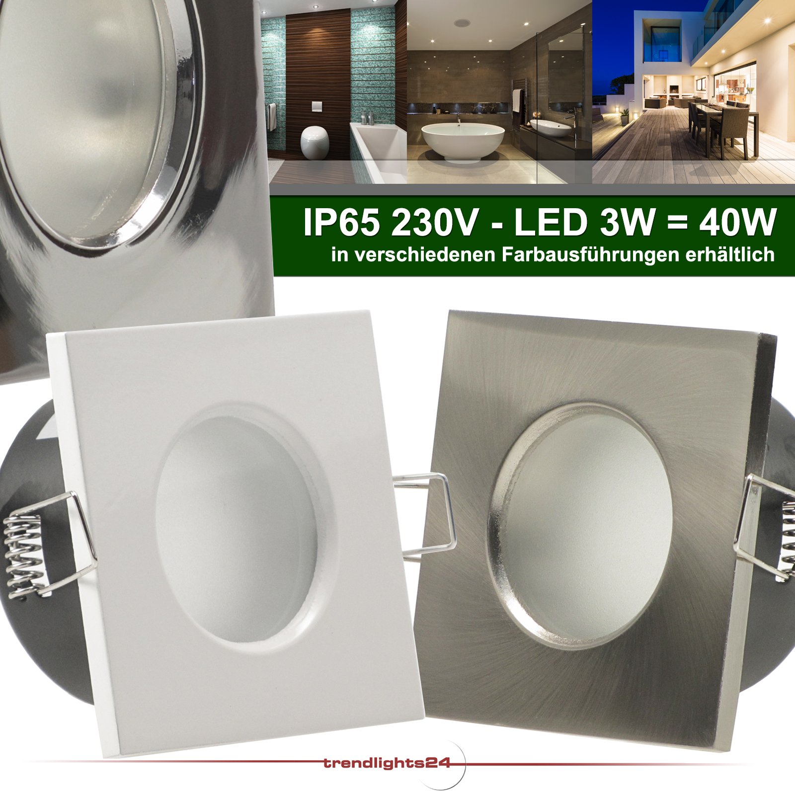 trendlights24 AQB LED Decken Einbaustrahler Bad IP65 230V 6er Set 4W GU10 | Edelstahl Optik, eckig, Warmweiß, 3000k, 55°, Hochvolt, Spot, austauschbar, Einbauleuchte, Dusche, Feuchtraum, außen