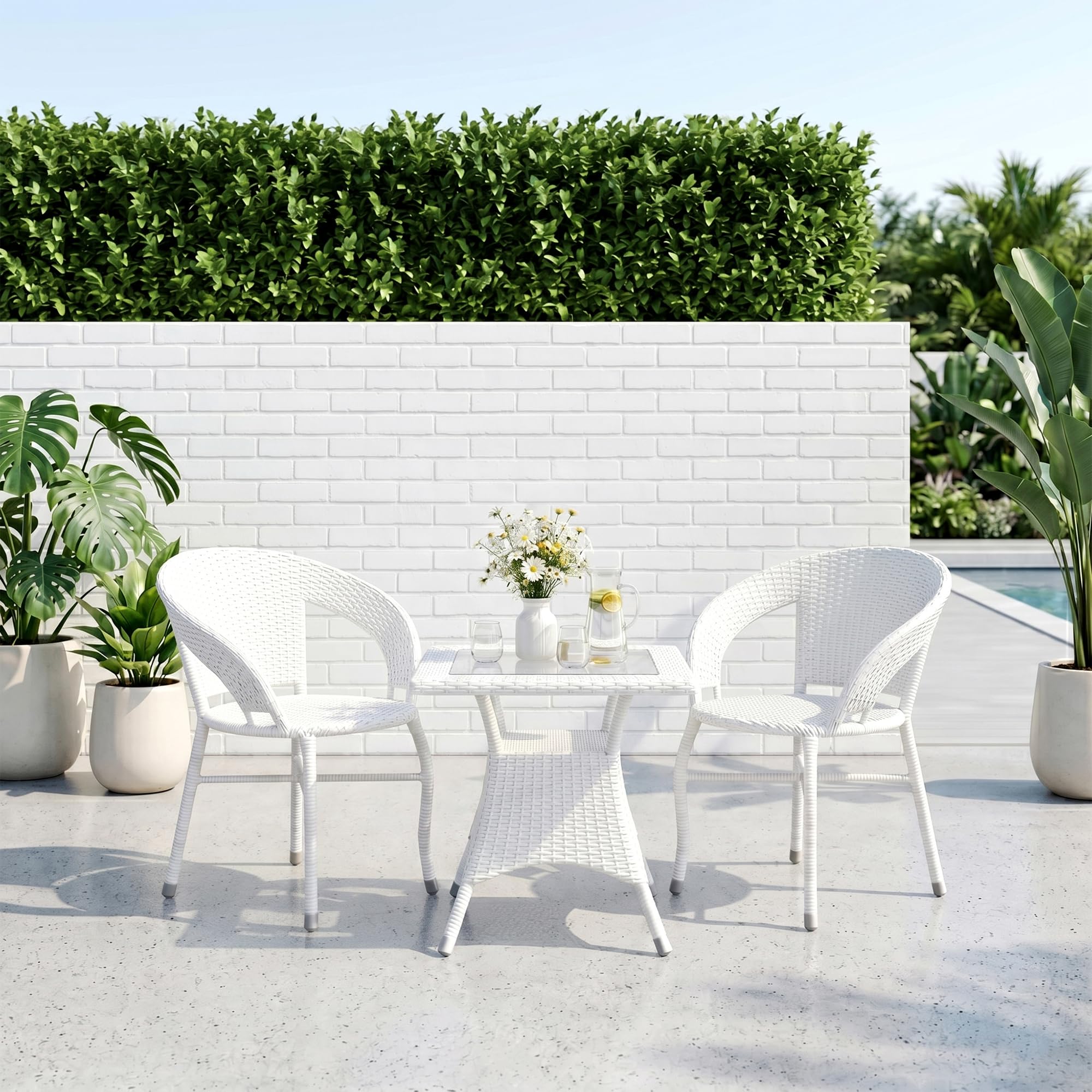 BRISHI 3-Piece Outdoor Rattan Wicker Patio Square Coffee Table Set | Garden Furniture for Balcony, Terrace, Poolside & Porch | Waterproof Bistro Sets for Home & Backyard (White)