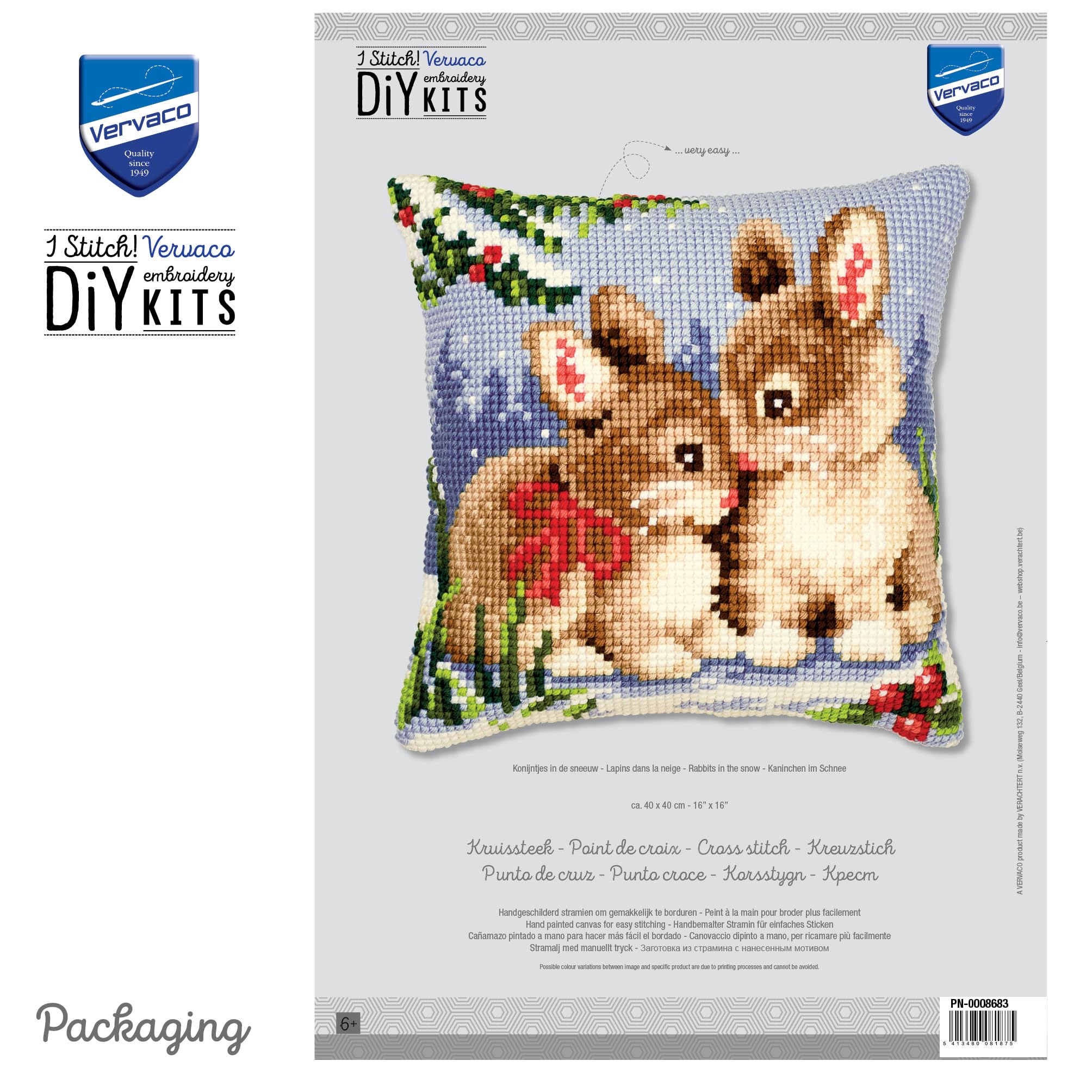 VERVACO Point De Croix Kit Coussin Complet Set LAPINS DANS LA NEIGE Decoration Manuelle Broderie Kit Adulte Art Creatif Cadeau DIY ca. 40 x 40 cm Cross Stitch Embroidery