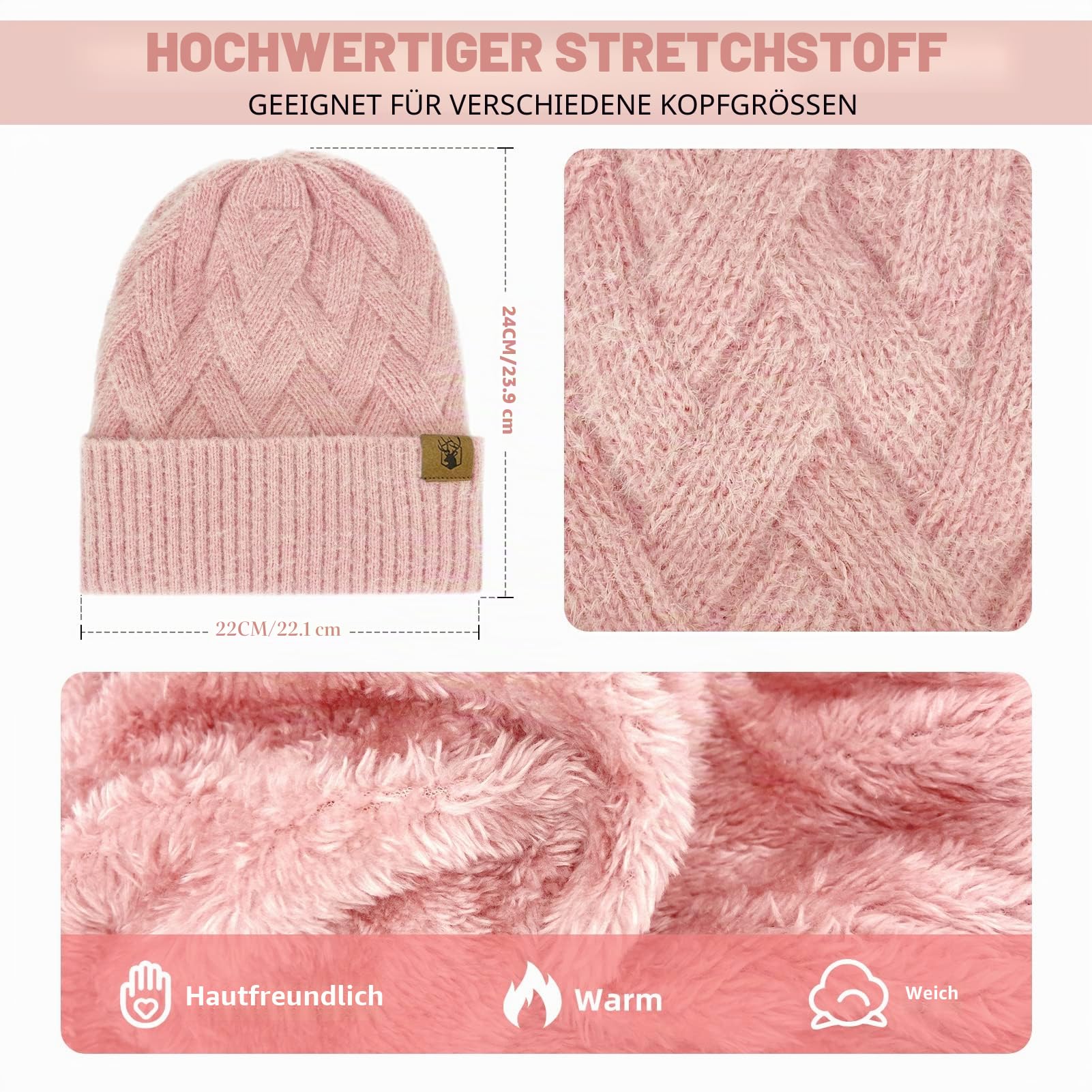 Mütze Schal Set und Handschuhe für Damen Beanie Mütze Winter mit Fleecefutter and Touchscreen Handschuhe Langer Schal 3 in 1 Set