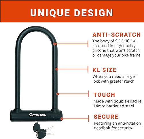 Miniatura 4 de OTTOLOCK Sidekick XL - Cerradura en U de tamaño completo, antirrobo de bicicleta con llaves, revestimiento de silicona, accesorios para bicicleta,