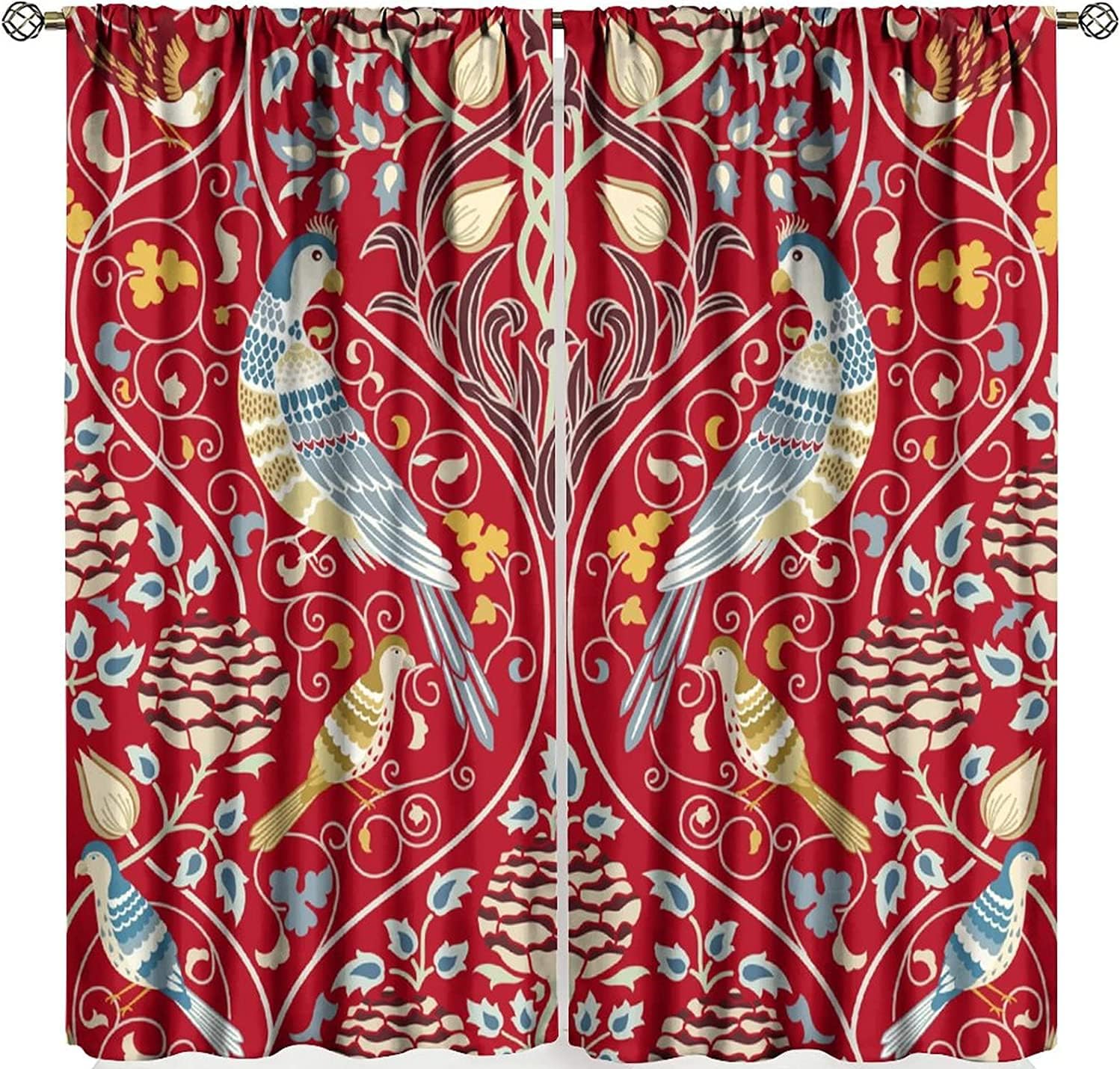 Vintage Animal Curtains William Morris Design Pattern Curtains,Red Background Long Tail Sparrow Bird Floral Bedroom Kitchen Blackout Curtains 2 Panels,84x84Inch