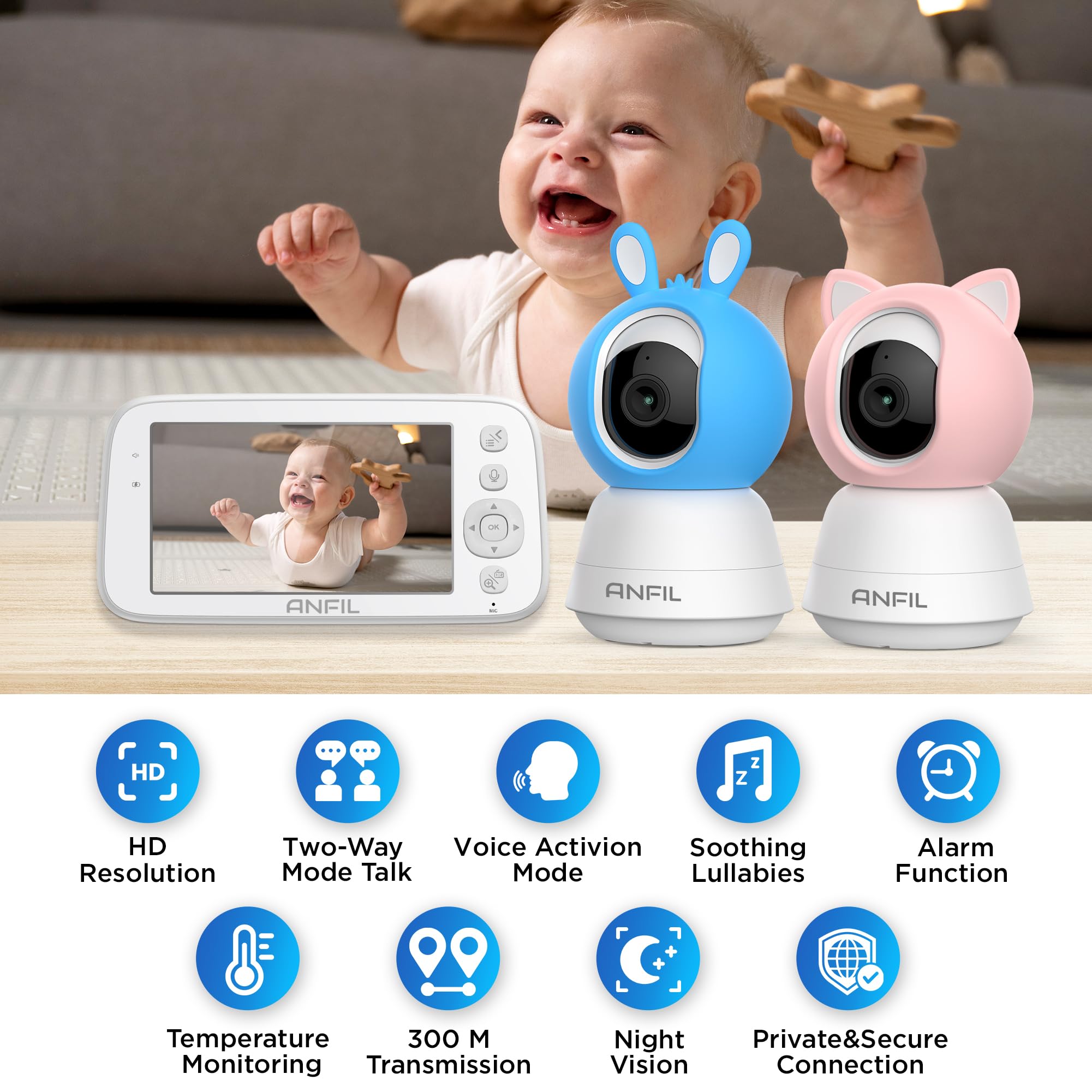 Elektroniczna niania z kamerą bez Wi-Fi – wyświetlacz 5", widoczność w nocy, tryb VOX, monitorowanie temperatury, 2-drożne audio, monitorowanie dziecka, tryb ECO, wychylny 355°, kąt nachylenia