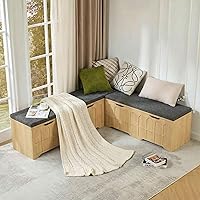 63" L-Shaped Bench with Cushion & Arched Doors, Breakfast Nook Benches with Hidden Storage, Kitchen Corner Dining Bench Seating for Entryway, Dining Room Kitchen, Natural Oak