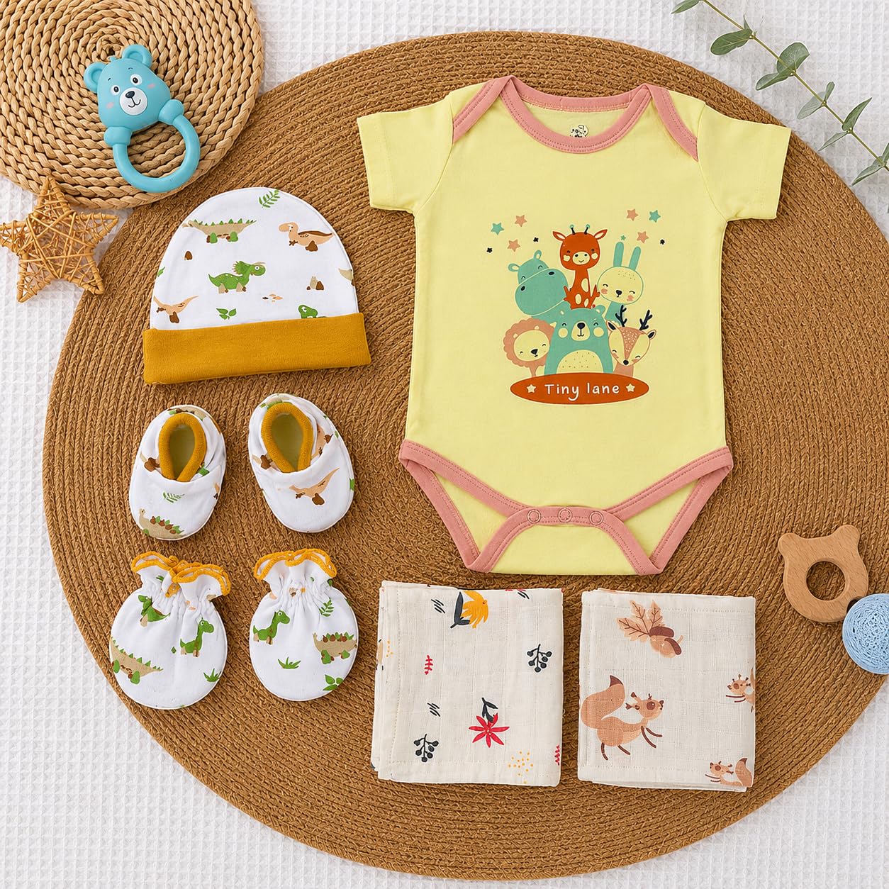 TINYLANE - Curated For You! Newborn Baby Gift Set, New Born Baby Clothes 0-6 Months, Bodysuit with Cap, Mittens and Washcloth, Pack of 8 | Breathable-picture-34