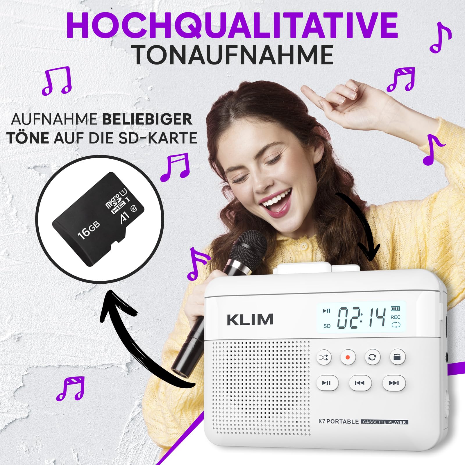 Kassettenspieler - Kassettenrekorder - Cassette Gerät - Kassetten Digitalisieren - Tragbarer Kassettenrekorder - Mikrofon & Lautsprecher - Wiederaufladbarer Aufladbar - Stereoausgang - 16GB SD-Karte